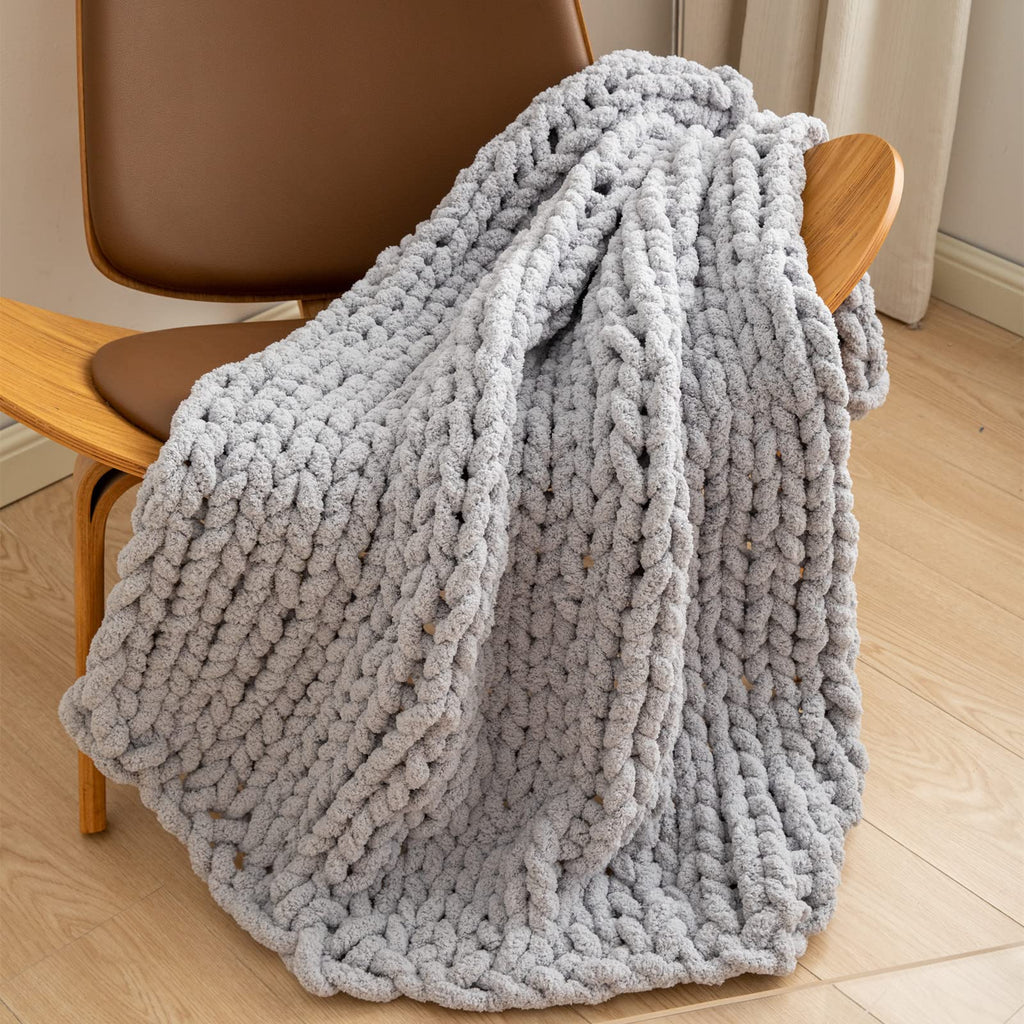 WESHIONGOO Chunky Knit Blanket Throw 40"*40" Knitted Throw Blankets for Couch Bed Fluffy Soft Blanket with Jumbo Chenille Yarn Thick 100% Handmade(Black)