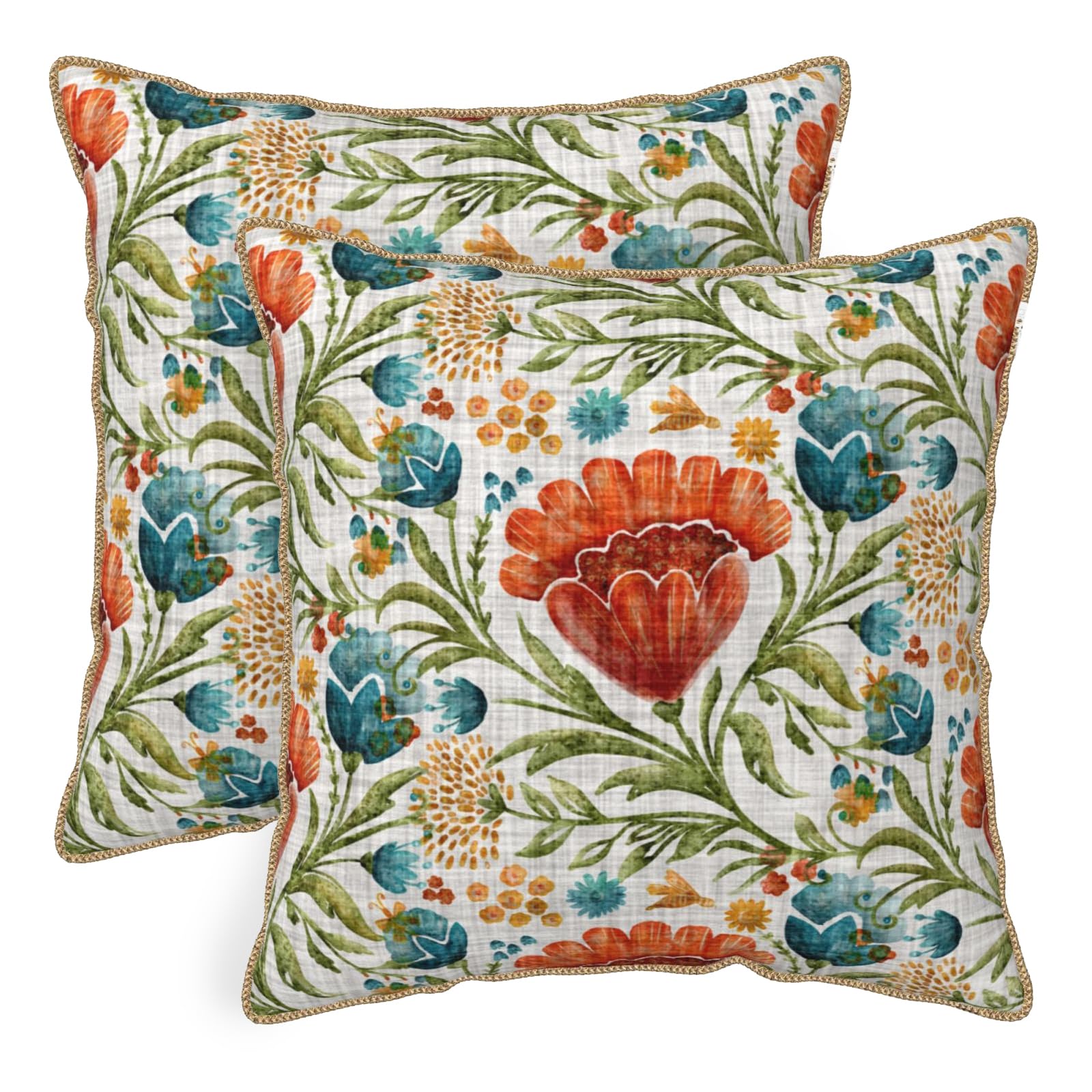 Vintage Floral Soft Velvet Throw Pillow Covers Set of 2 Burnt Orange Navy Flowers Plant Decorative Pillow Covers 18x18 Inch Art Botanical Pillow Case For Sofa Couch Outdoor Farmhouse Home Decor