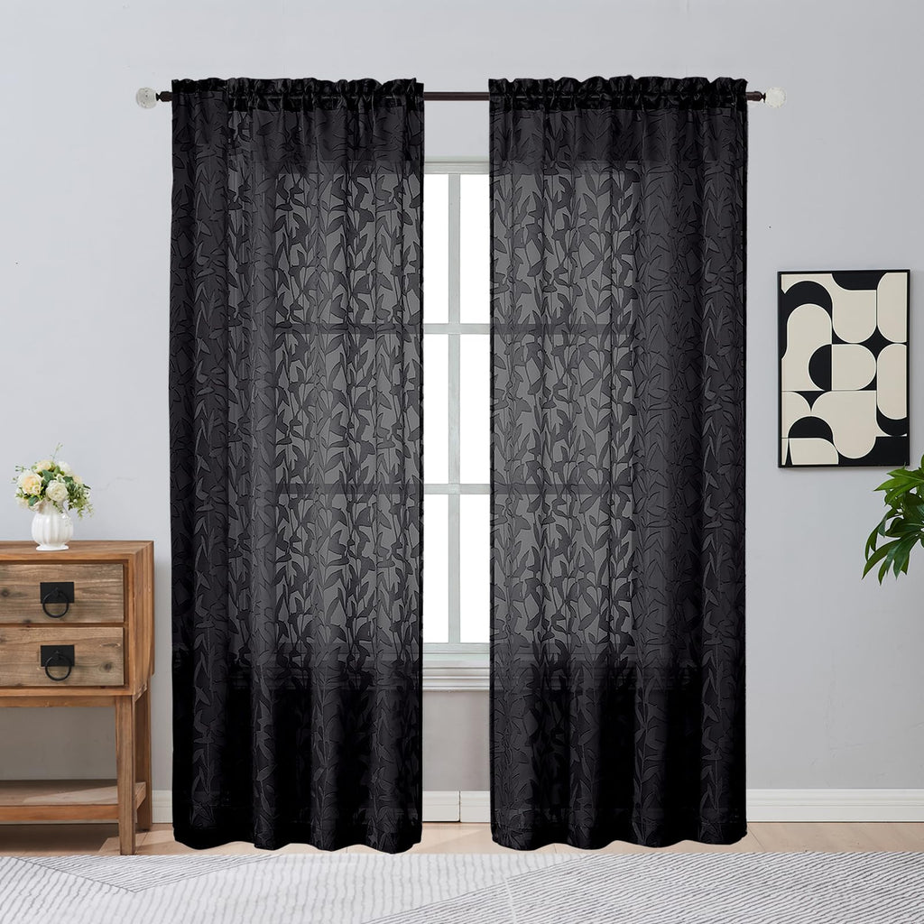 Gwine Sage Green Curtains 84 Inches Long 2 Panels Set, Light Filtering Soft Lightweight Sheer Curtains, Leaf Clip Jacquard Textured Curtain for Bedroom Living Room, 42Wx84L Inches, 2PCS
