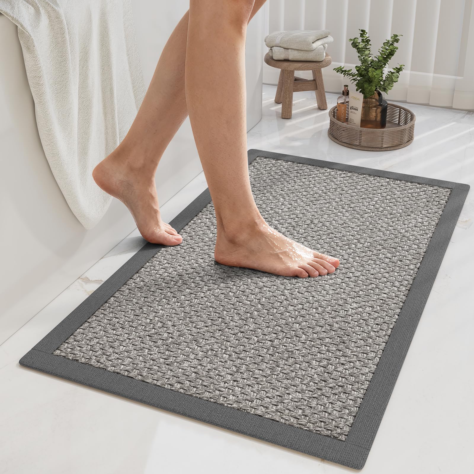 YDKGL Non Slip Bath Mat, Rubber Backing Ultra Thin Bathroom Rugs Fit Under Door Quick Dry Super Absorbent Washable Bath Rug Shower Mat for Bathroom Floor Bathtub Shower Sink, Easy Care Gray 16"x 24"