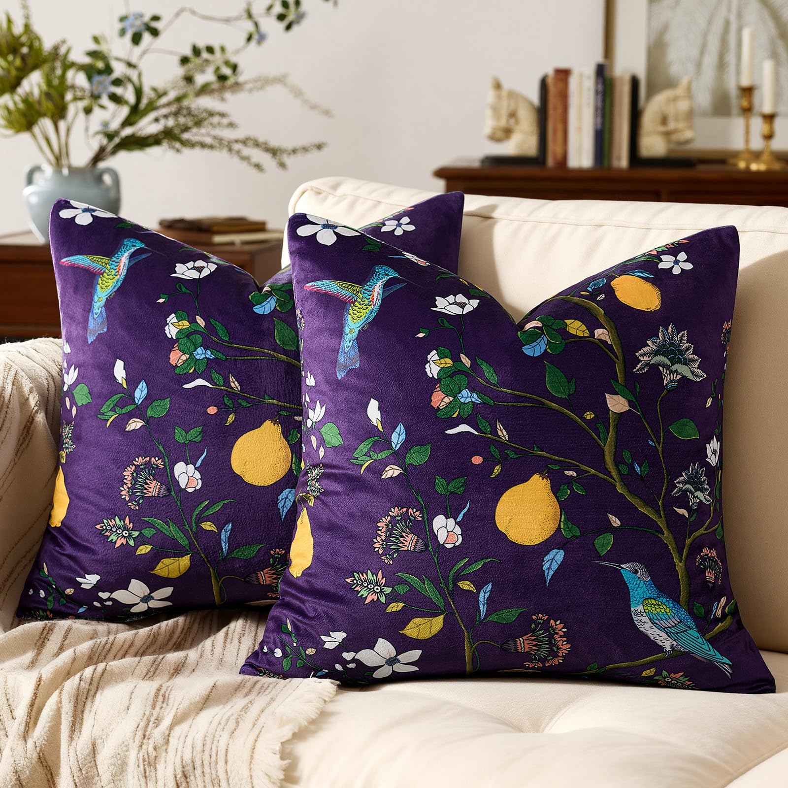 Mustard Yellow Floral Pillow Covers 18x18 Set of 2, Velvet Wild Flower Plant Throw Pillows Case, Square Farmhouse Decor Cushion Covers for Home Sofa Bed Couch
