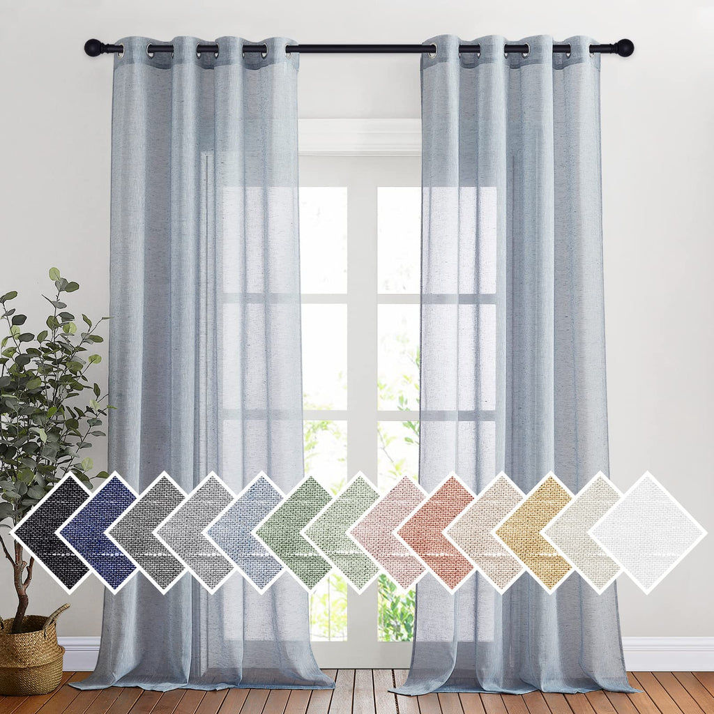 NICETOWN Linen Textured Semi Sheer Curtains 84 inches Length, Eyelet Top Bedroom Window Privacy Translucent Light Filtering Flax Sheer Drapes for Guest Room, 52 inches Wide, 2 Panels, Sea Mist