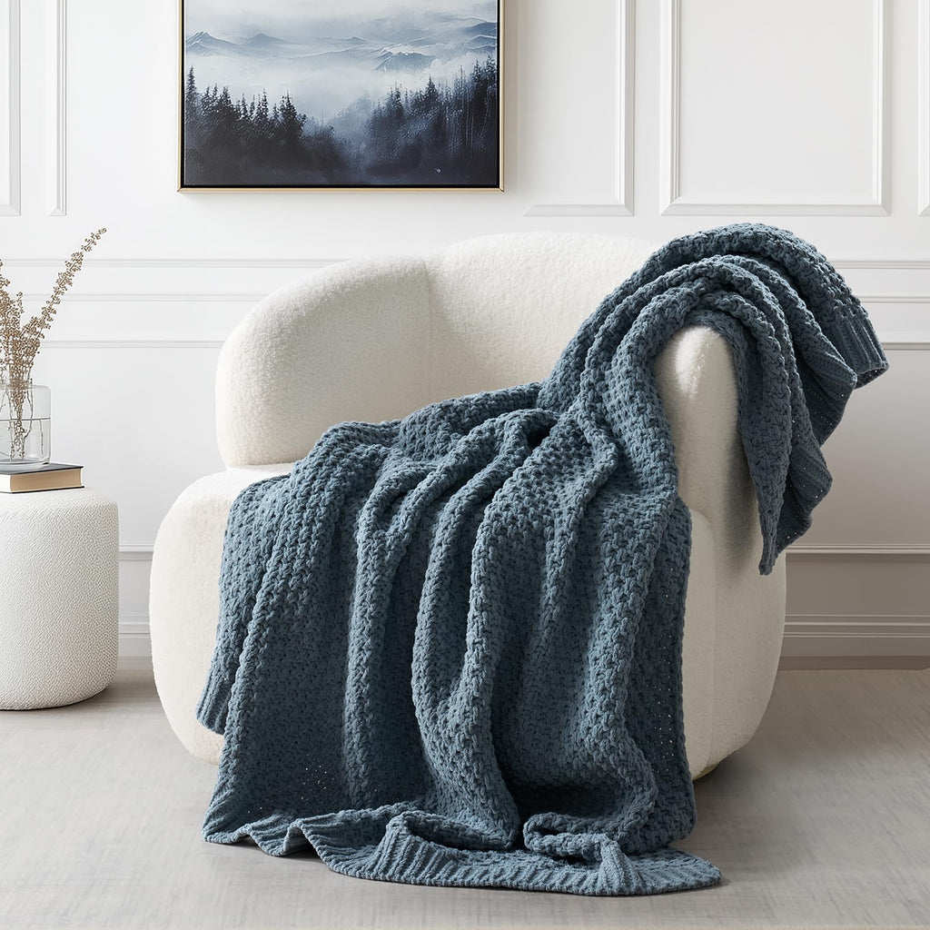 EVERGRACEHOME Chunky Chenille Knit Throw Blanket for Couch, Soft Luxurious Moss Stitch Blankets for Bed, Cozy Decorative Farmhouse Knitted Throws for Sofa, Sand Dune, 60" x 80"