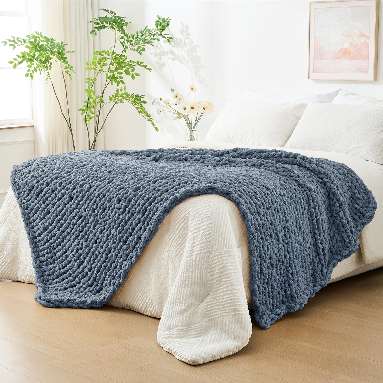 Bigacogo Chunky Knit Throw Blanket for Couch, 40x40 inches, 100% Hand Knitted with Thick Jumbo Chenille Yarn, Cozy Soft Large Rope Knot Cable Crochet Blankets for Sofa Bed Living Room, Dusty Blue