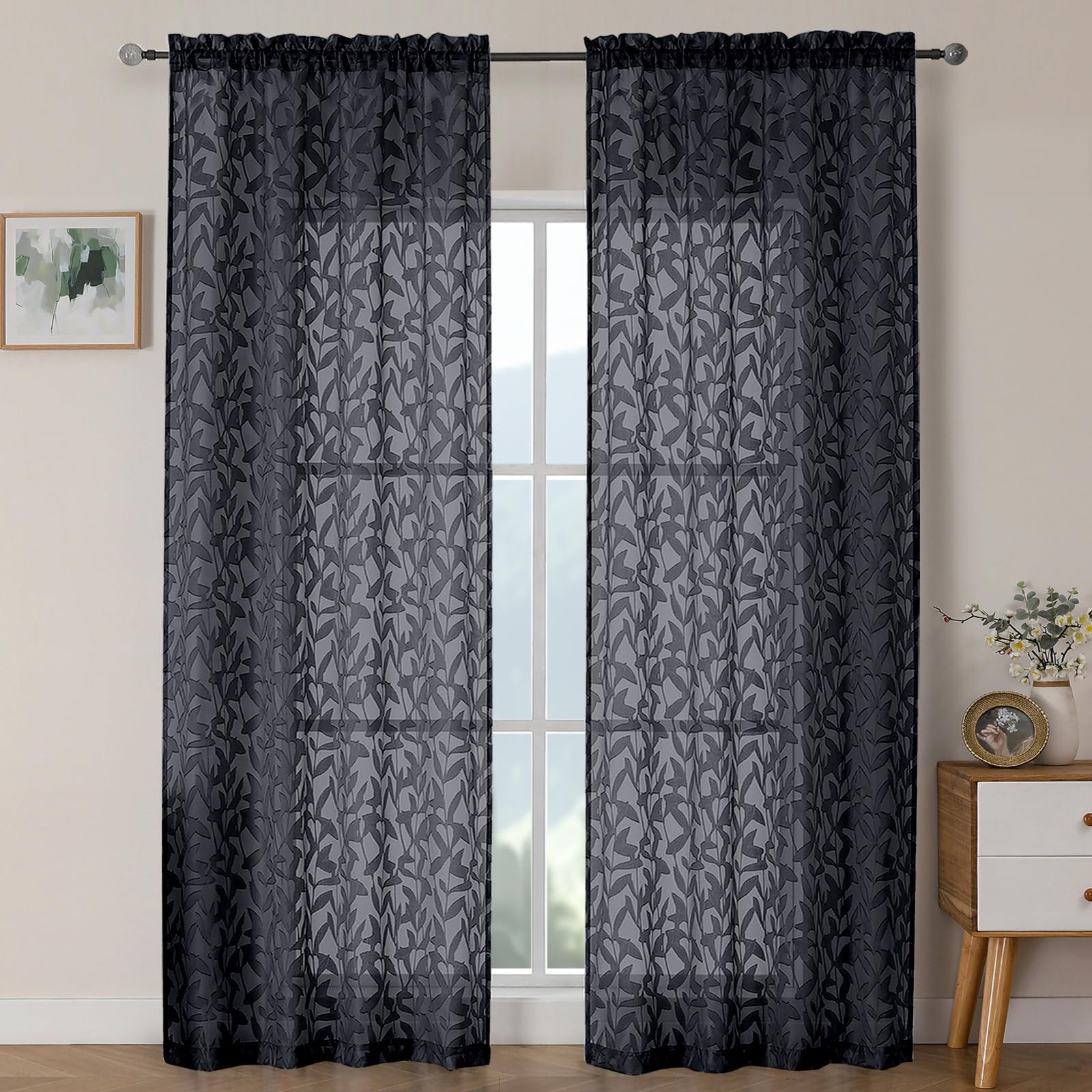 OWENIE Leyna 2 Panels Sage Green Sheer Curtains 63 Inch Length for Bedroom, Soft Lightweight Jacquard Clip Window Curtain for Living Room, Double Rod Pockets Textured Drapes, Each 40Wx63L Inches