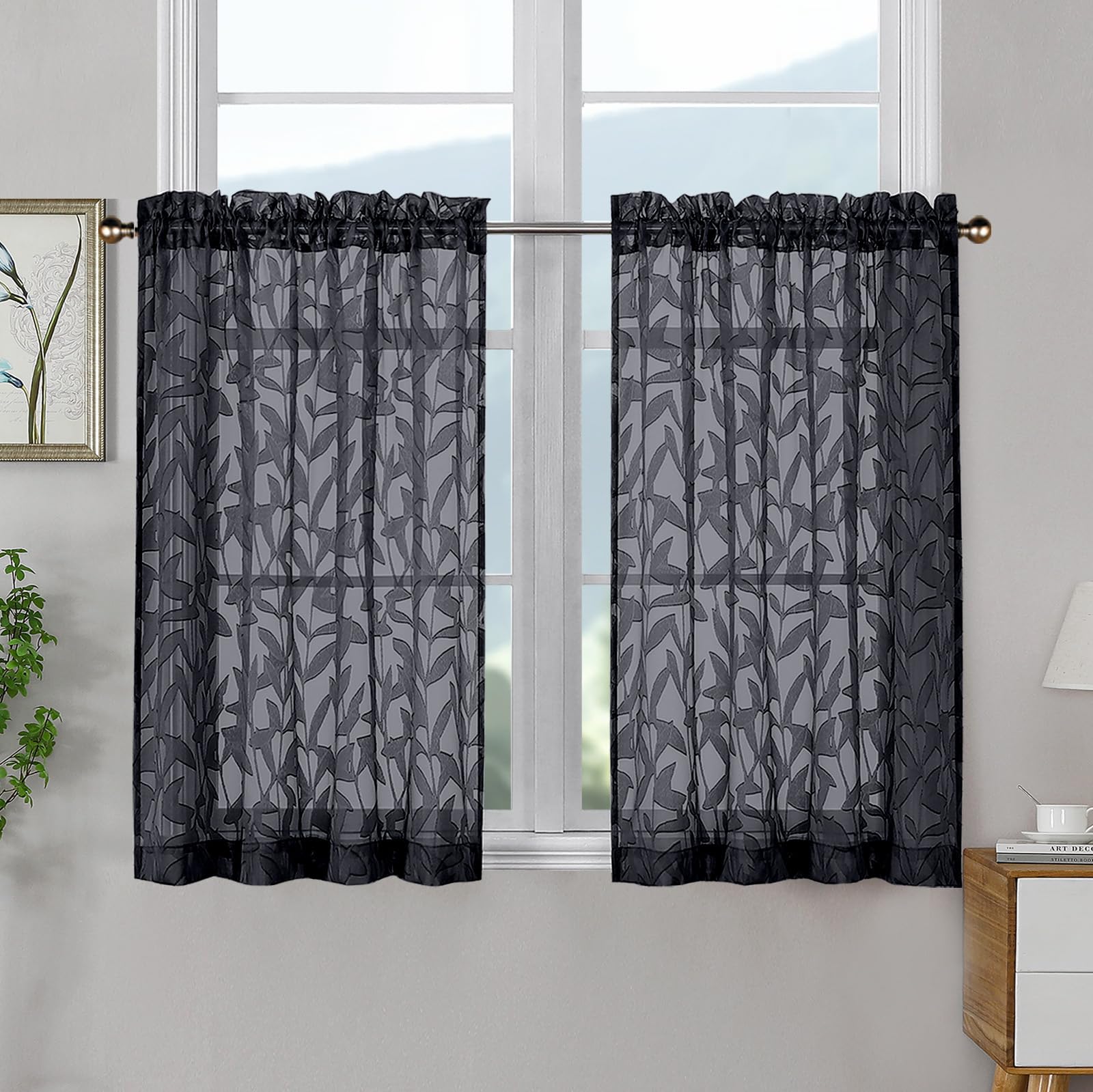 OWENIE Leyna 2 Panels Sage Green Sheer Curtains 63 Inch Length for Bedroom, Soft Lightweight Jacquard Clip Window Curtain for Living Room, Double Rod Pockets Textured Drapes, Each 40Wx63L Inches