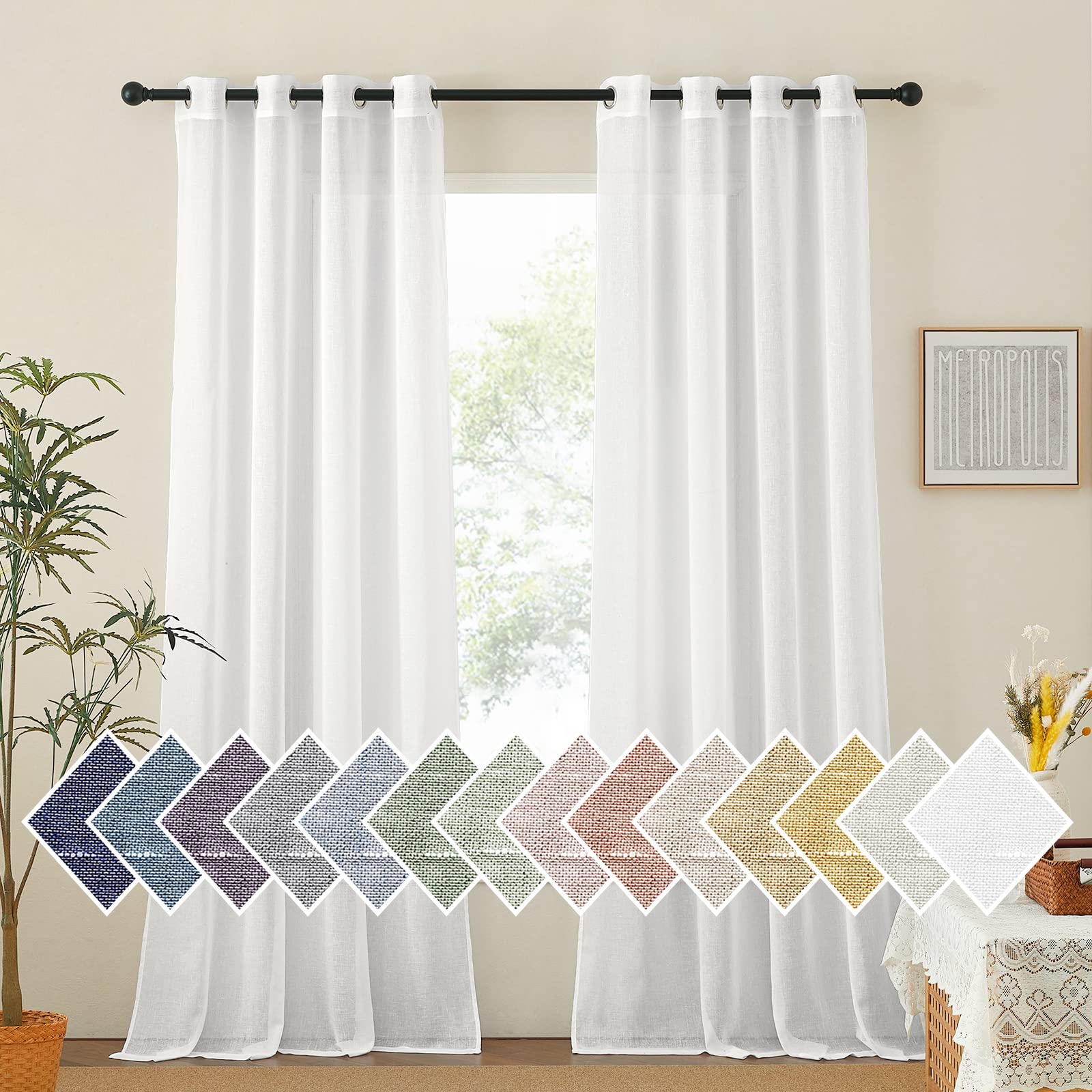 NICETOWN Linen Textured Semi Sheer Curtains 84 inches Length, Eyelet Top Bedroom Window Privacy Translucent Light Filtering Flax Sheer Drapes for Guest Room, 52 inches Wide, 2 Panels, Sea Mist