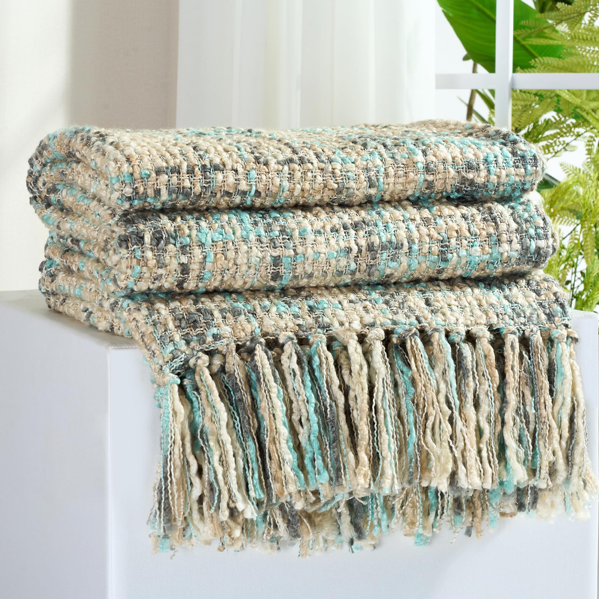 Multi-Color Green Cable Woven Throw Blanket for Couch,60"X80" Boho Style Textured Blankets for Home Decor,Super Soft Warm Cozy Chunky Blanket with Decorative Tassels for Bed and Sofa