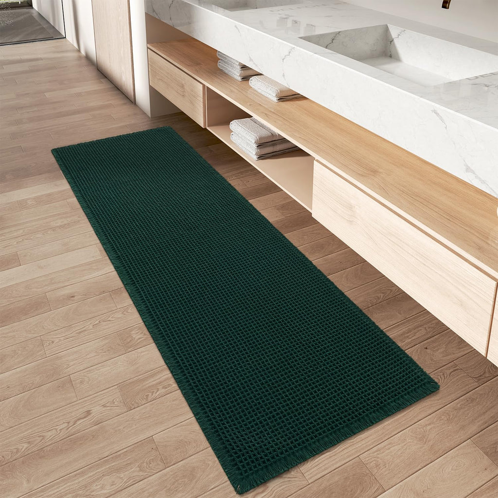 AMOAMI Upgraded Waffle Bath Mat, Super Absorbent Non Slip Bath Mats for Bathroom Floor, Machine Washable Bathroom Rugs with Tassels, Rubber Backed Bathroom Mats, Ultra Soft, 17" x 24", Brown
