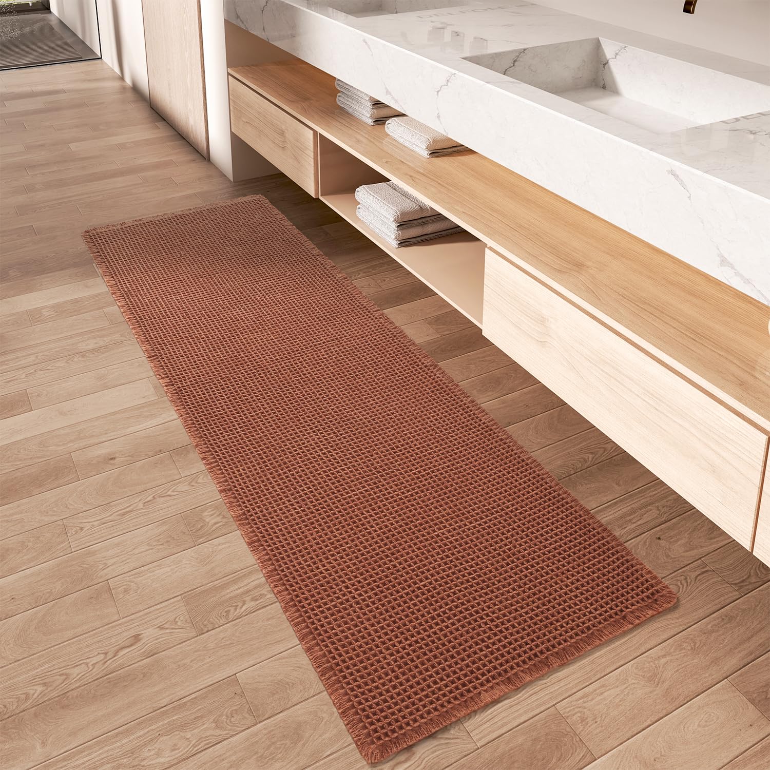 AMOAMI Upgraded Waffle Bath Mat, Super Absorbent Non Slip Bath Mats for Bathroom Floor, Machine Washable Bathroom Rugs with Tassels, Rubber Backed Bathroom Mats, Ultra Soft, 17" x 24", Brown