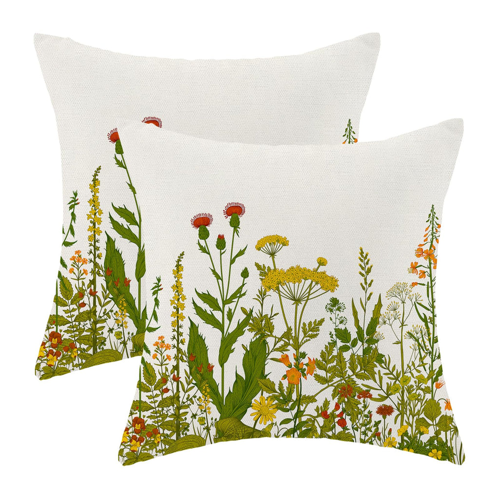 AEIOAE Spring Pillow Covers 18x18 Inch Set of 2,Sage Green Wild Flower Plant Throw Pillows Case,Seasonal Floral Outdoor Decorative Square Linen Farmhouse Decor Cushion Covers for Home Sofa Bed Couch