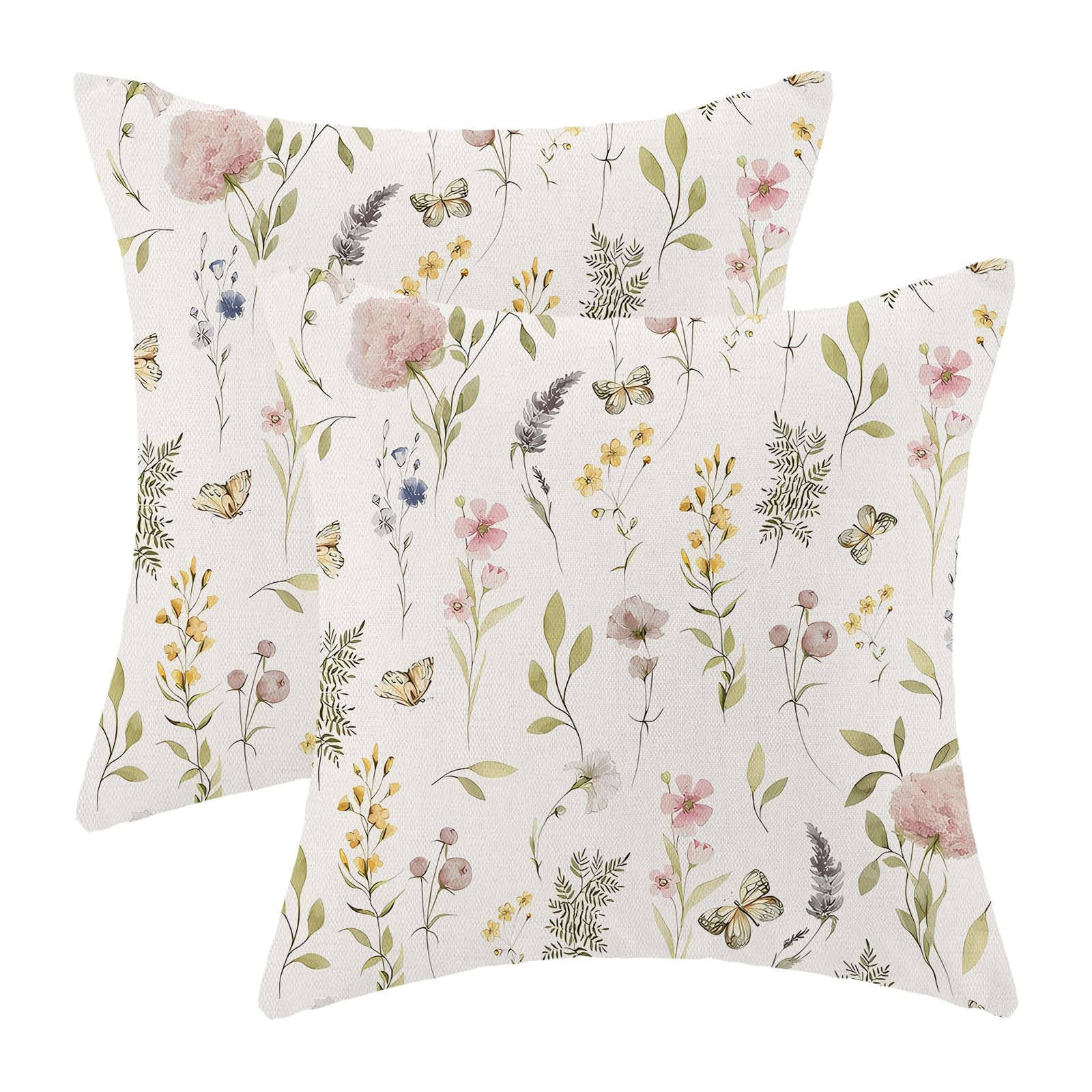 AEIOAE Spring Pillow Covers 18x18 Inch Set of 2,Sage Green Wild Flower Plant Throw Pillows Case,Seasonal Floral Outdoor Decorative Square Linen Farmhouse Decor Cushion Covers for Home Sofa Bed Couch