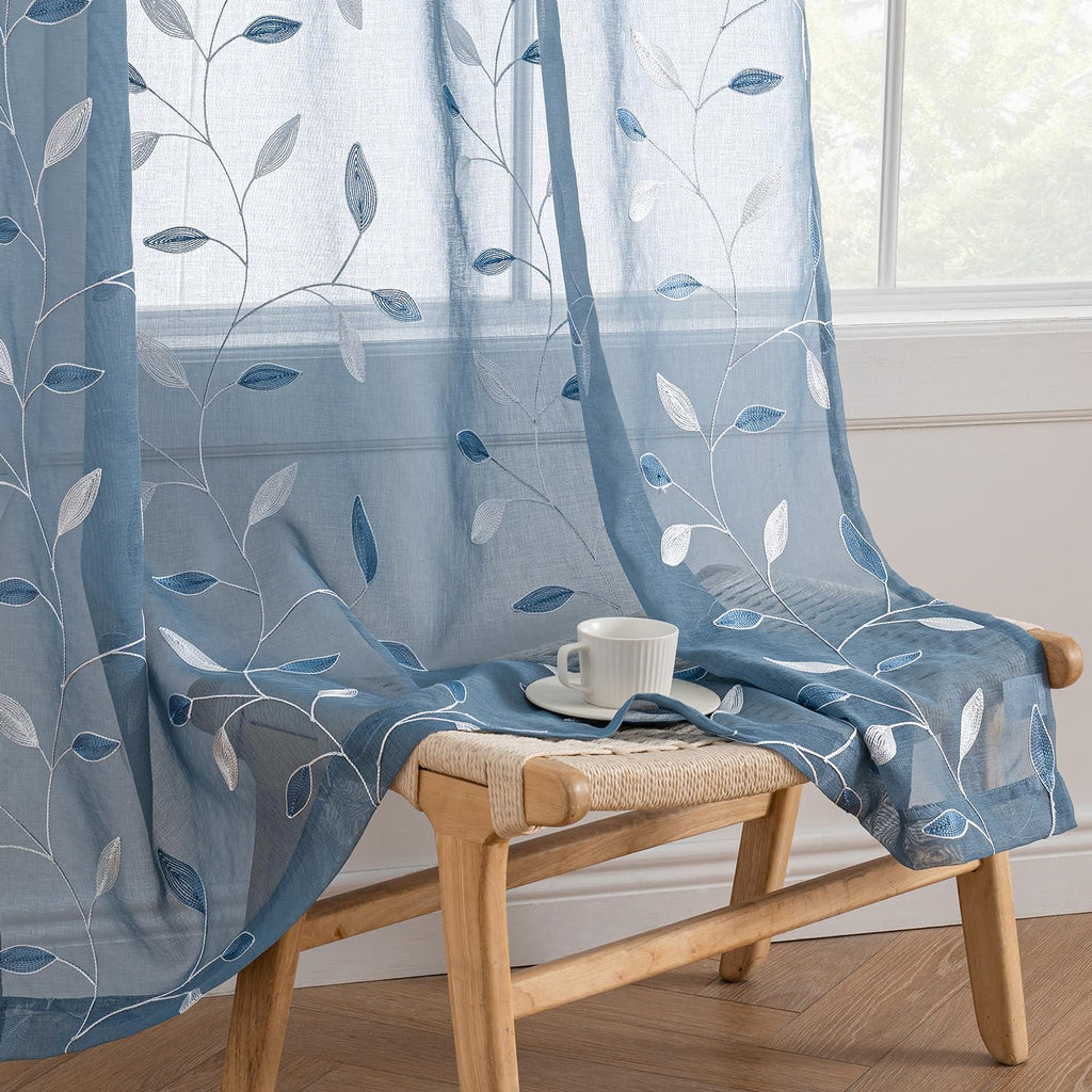 MIULEE Sage Green Sheer Curtains 2 Panels Embroidered Leaf Patterned Rod Pocket Floral Semi Sheer Faux Linen Window Curtains Drapes Set for Living Room Bedroom Dining Room, 52x84 Inches Long