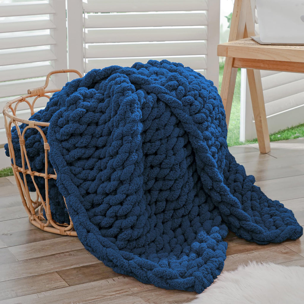 Bigacogo Chunky Knit Throw Blanket for Couch, 40x40 inches, 100% Hand Knitted with Thick Jumbo Chenille Yarn, Cozy Soft Large Rope Knot Cable Crochet Blankets for Sofa Bed Living Room, Dusty Blue