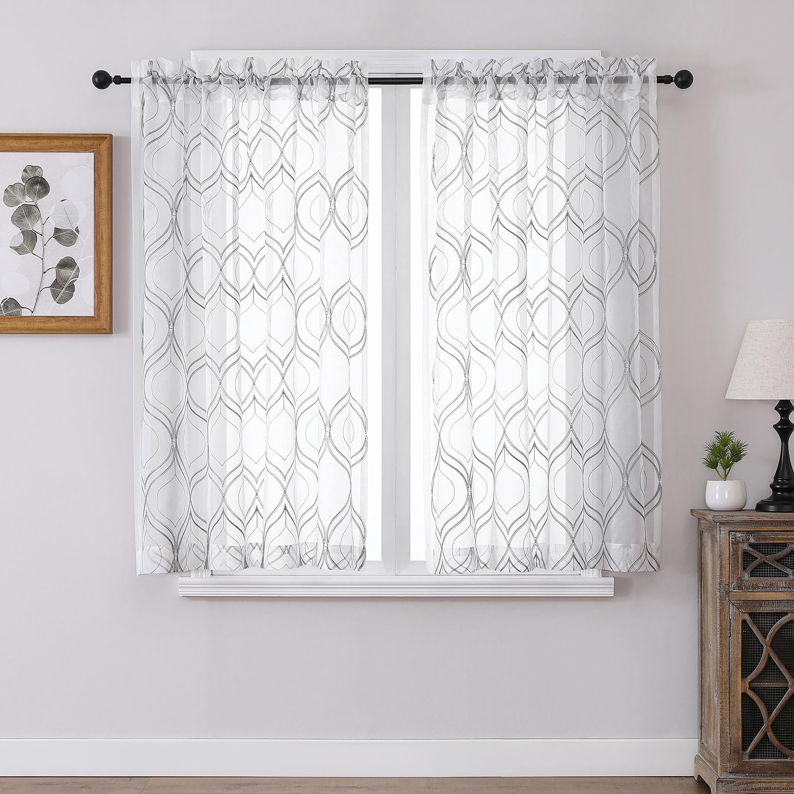 VISIONTEX White Sheer Curtains 84 Inches Long 2 Panels, Light Filtering Grey Moroccan Trellis Embroidered Semi Sheer Voile Drapes, Rod Pocket Textured Window Curtain for Bedroom Living Room 54W x 84L