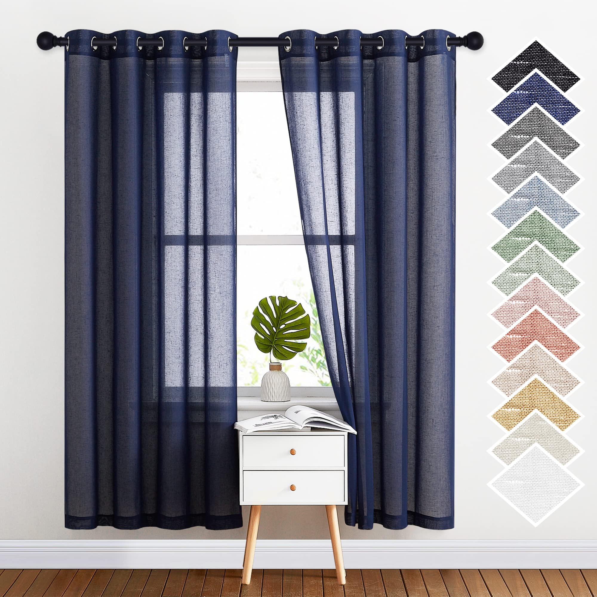 NICETOWN Linen Textured Semi Sheer Curtains 84 inches Length, Eyelet Top Bedroom Window Privacy Translucent Light Filtering Flax Sheer Drapes for Guest Room, 52 inches Wide, 2 Panels, Sea Mist