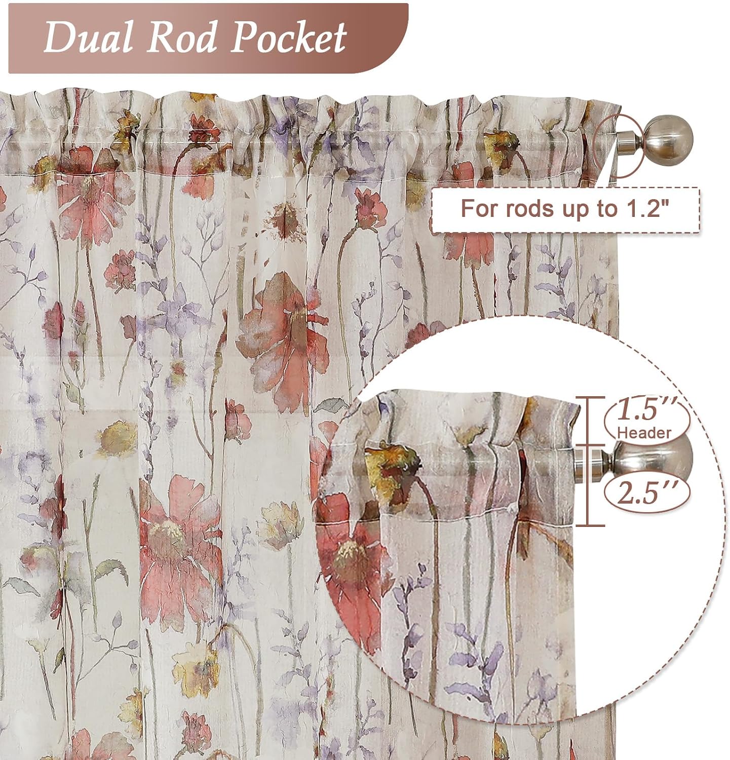 Lecloud Crushed Sheer Curtains 84 Inches Long 2 Panels, Airy Light Filtering Voile Floral Curtains for Living Room, Rod Pocket Romantic Window Curtain Drapes for Bedroom Dining Room, 42" W x 84" L
