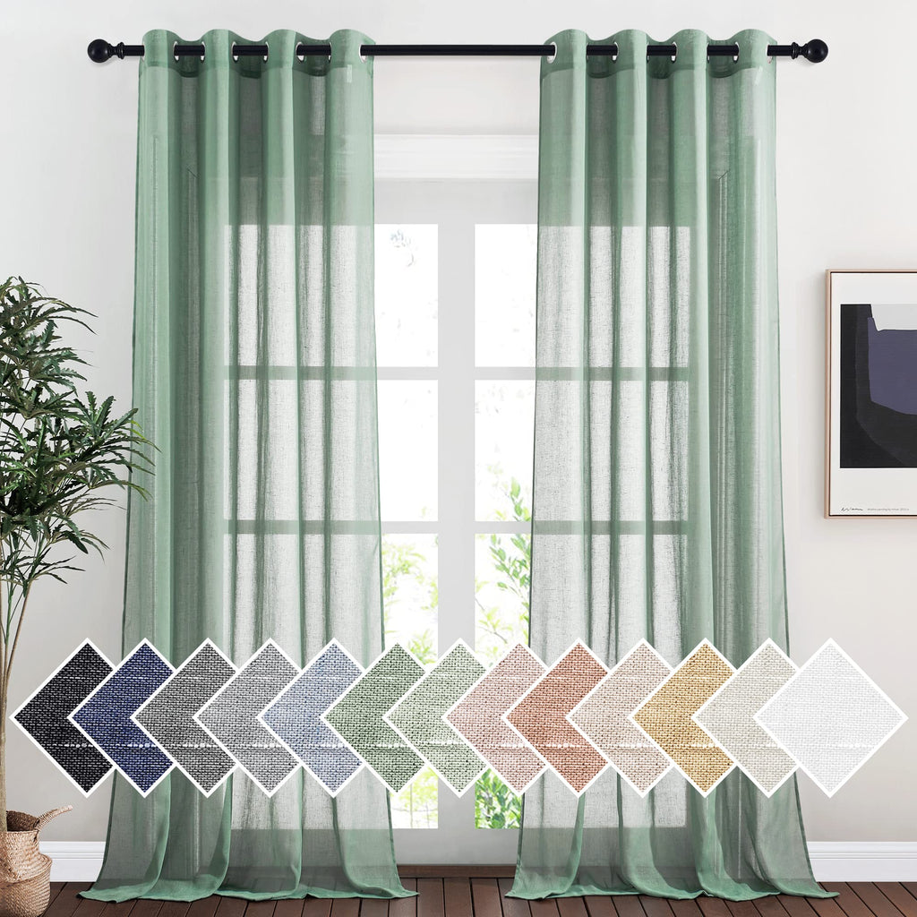 NICETOWN Linen Textured Semi Sheer Curtains 84 inches Length, Eyelet Top Bedroom Window Privacy Translucent Light Filtering Flax Sheer Drapes for Guest Room, 52 inches Wide, 2 Panels, Sea Mist