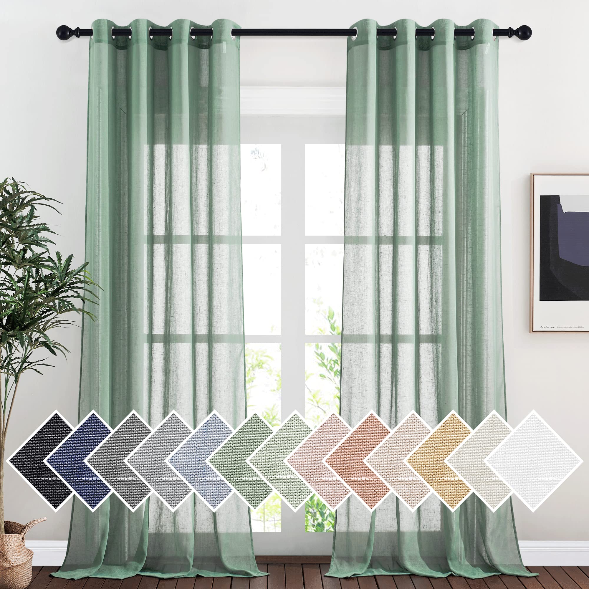 NICETOWN Linen Textured Semi Sheer Curtains 84 inches Length, Eyelet Top Bedroom Window Privacy Translucent Light Filtering Flax Sheer Drapes for Guest Room, 52 inches Wide, 2 Panels, Sea Mist