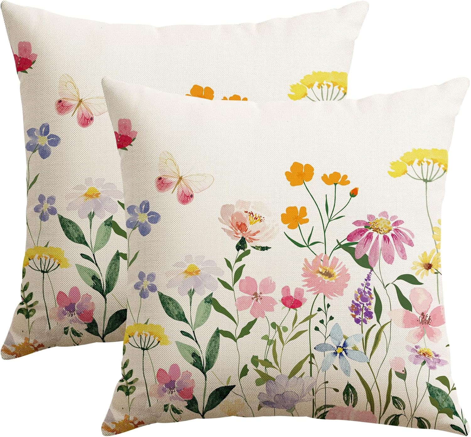 Artscope Spring Summer Floral Throw Pillow Covers 18x18 Inch Set of 2, Farmhouse Flower Butterfly Print Decorative Pillow Cases for Sofa Bed Room Home Decor- Flower A