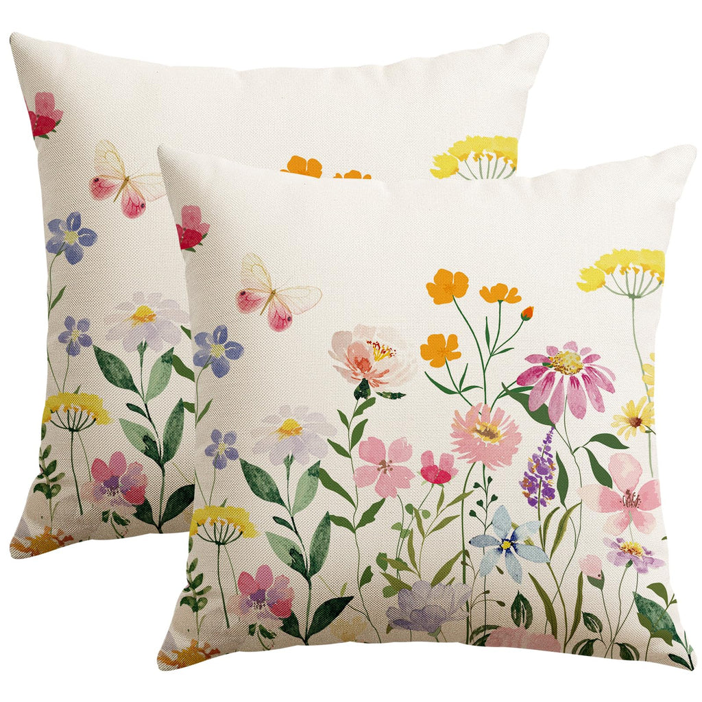 Artscope Spring Summer Floral Throw Pillow Covers 18x18 Inch Set of 2, Farmhouse Flower Butterfly Print Decorative Pillow Cases for Sofa Bed Room Home Decor- Flower A
