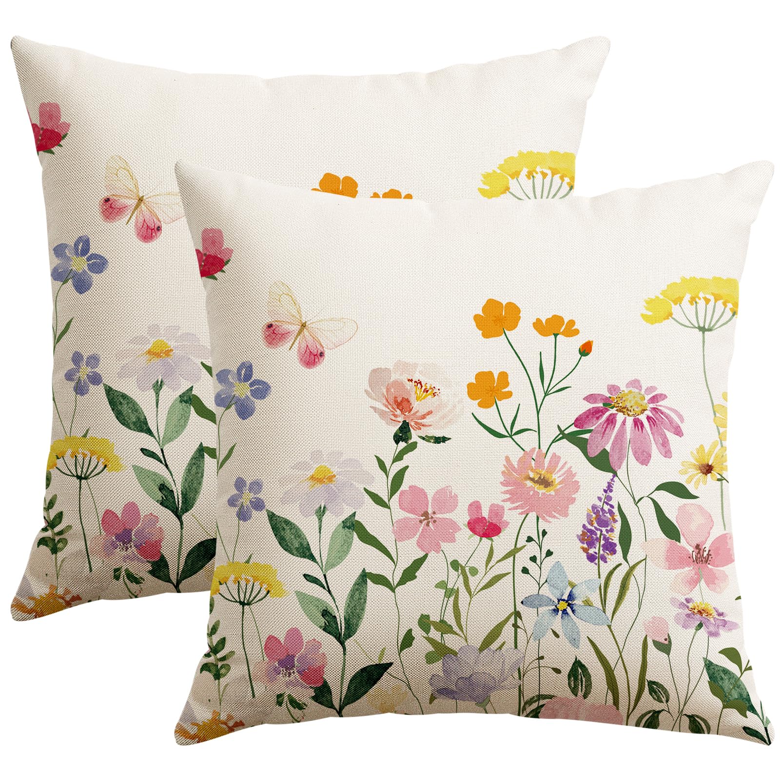 Artscope Spring Summer Floral Throw Pillow Covers 18x18 Inch Set of 2, Farmhouse Flower Butterfly Print Decorative Pillow Cases for Sofa Bed Room Home Decor- Flower A