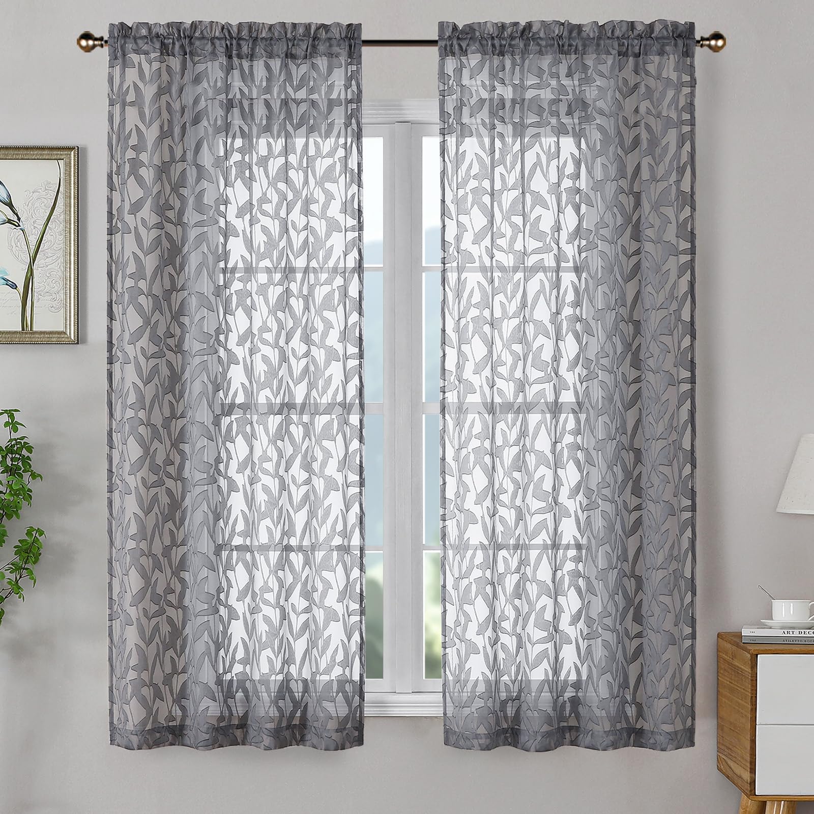 OWENIE Leyna 2 Panels Sage Green Sheer Curtains 63 Inch Length for Bedroom, Soft Lightweight Jacquard Clip Window Curtain for Living Room, Double Rod Pockets Textured Drapes, Each 40Wx63L Inches