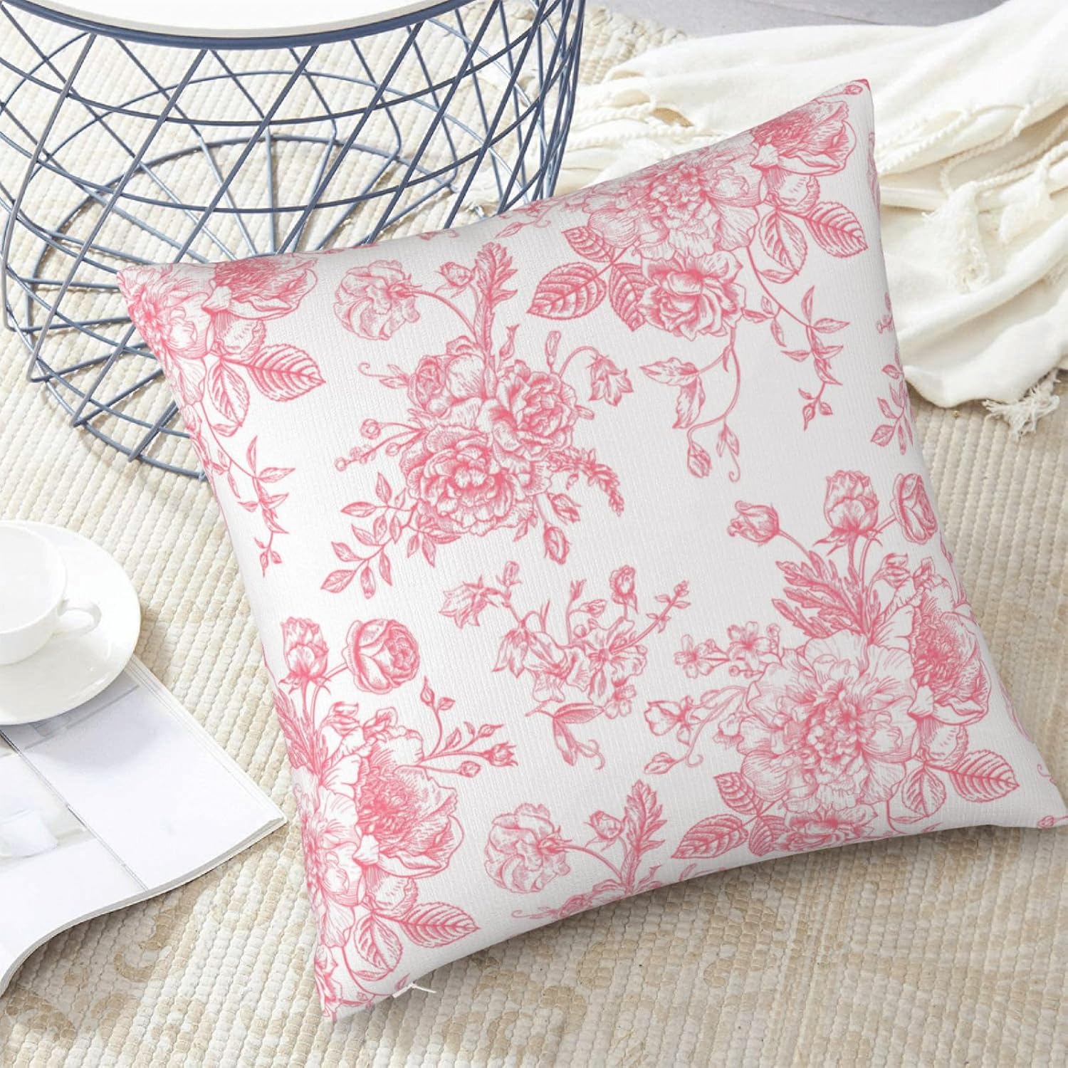 Pink and White Floral Throw Pillow Covers 18x18 Inches Set of 2, Decorative Vintage Chinoiserie Flower Pillow Case Farmhouse Cushion Covers for Sofa Bed Couch Living Room