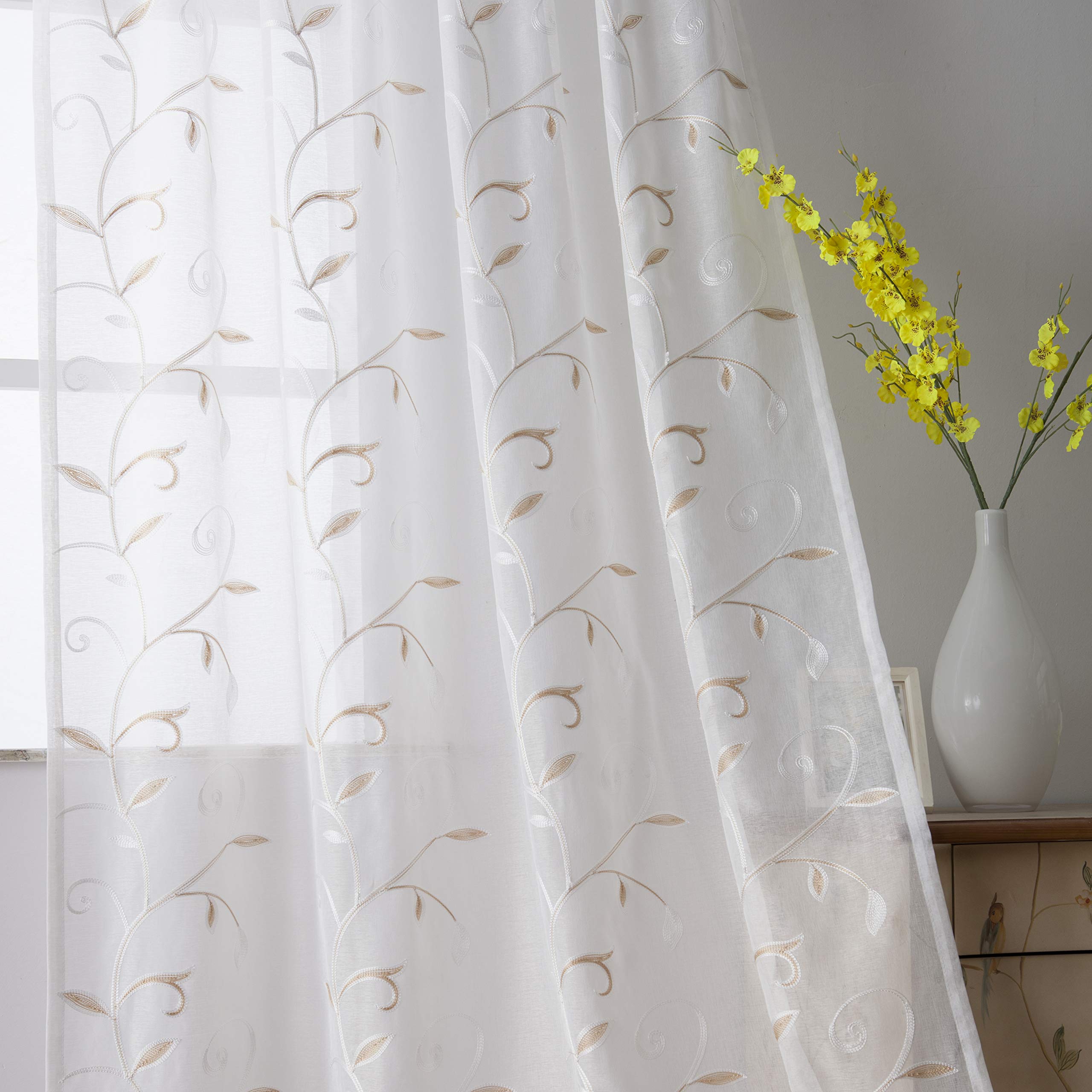 VISIONTEX 2 Panels Sheer Curtains 84 Inches Long, Cream Beige Floral Leaf Embroidered Semi Sheer Voile Curtains, Rod Pocket Light Filtering Window Drapes for Bedroom Living Room 54W x 84L