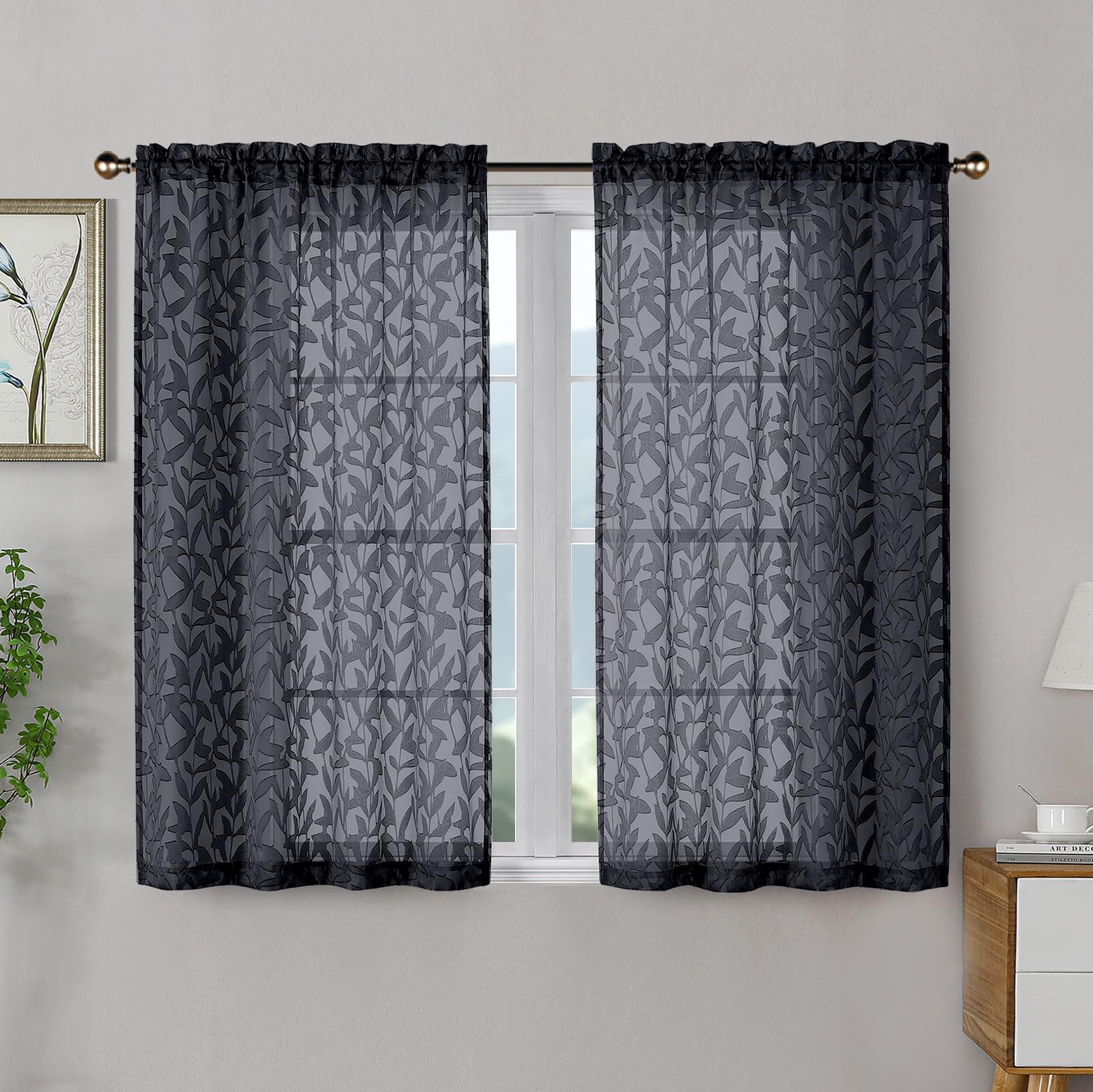 OWENIE Leyna 2 Panels Sage Green Sheer Curtains 63 Inch Length for Bedroom, Soft Lightweight Jacquard Clip Window Curtain for Living Room, Double Rod Pockets Textured Drapes, Each 40Wx63L Inches