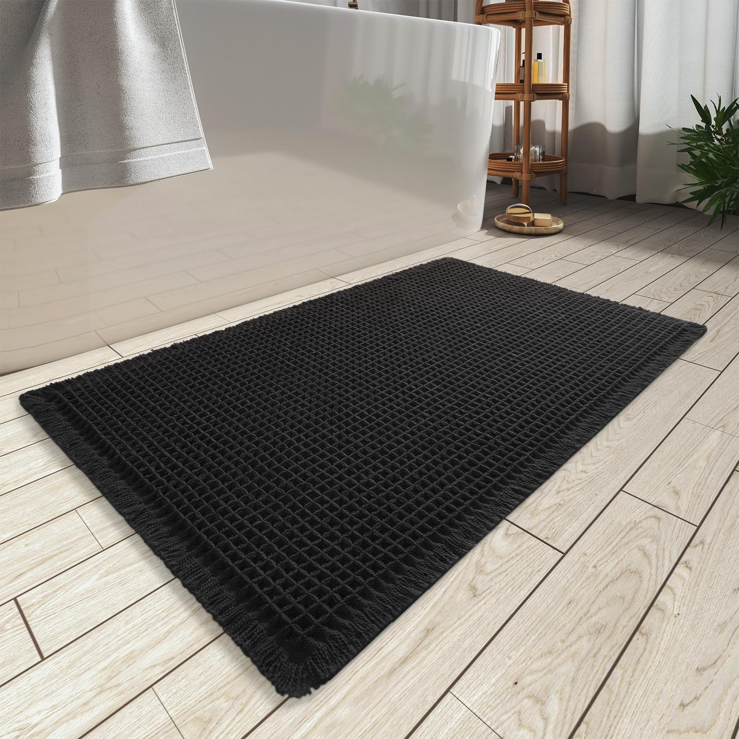 AMOAMI Upgraded Waffle Bath Mat, Super Absorbent Non Slip Bath Mats for Bathroom Floor, Machine Washable Bathroom Rugs with Tassels, Rubber Backed Bathroom Mats, Ultra Soft, 17" x 24", Brown