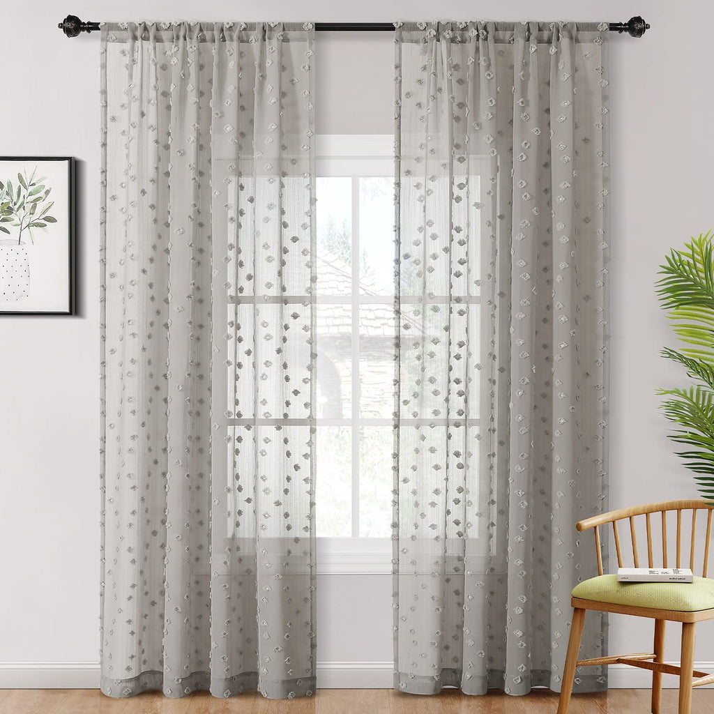 2 Panels 52"W x 84"L Dusty Rose Pom Pom Sheer Curtains Rod Pocket Light Filtering Boho Window Drapes for Girls Bedroom Nursery Kids Room