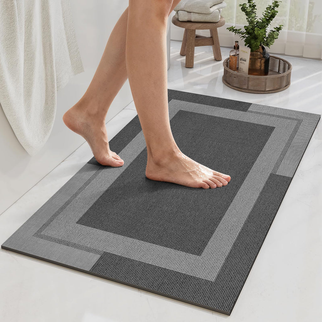 YDKGL Non Slip Bath Mat, Rubber Backing Ultra Thin Bathroom Rugs Fit Under Door Quick Dry Super Absorbent Washable Bath Rug Shower Mat for Bathroom Floor Bathtub Shower Sink, Easy Care Gray 16"x 24"
