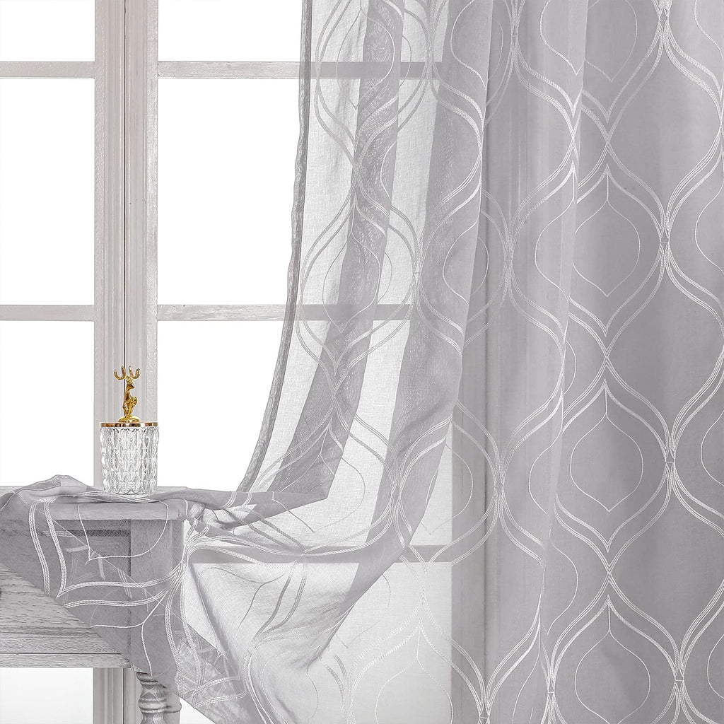 VISIONTEX White Sheer Curtains 84 Inches Long 2 Panels, Light Filtering Grey Moroccan Trellis Embroidered Semi Sheer Voile Drapes, Rod Pocket Textured Window Curtain for Bedroom Living Room 54W x 84L