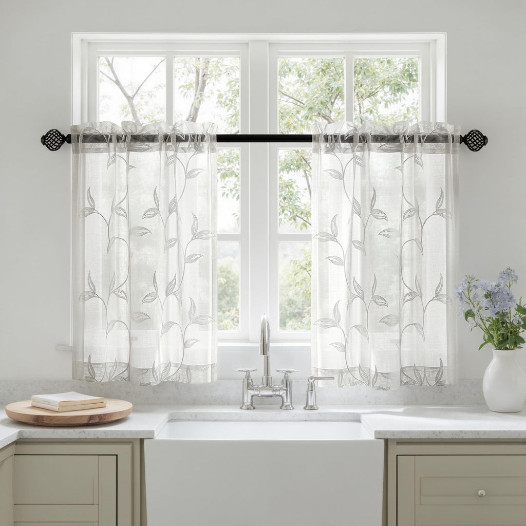 VISIONTEX 2 Panels Sheer Curtains 84 Inches Long, Cream Beige Floral Leaf Embroidered Semi Sheer Voile Curtains, Rod Pocket Light Filtering Window Drapes for Bedroom Living Room 54W x 84L