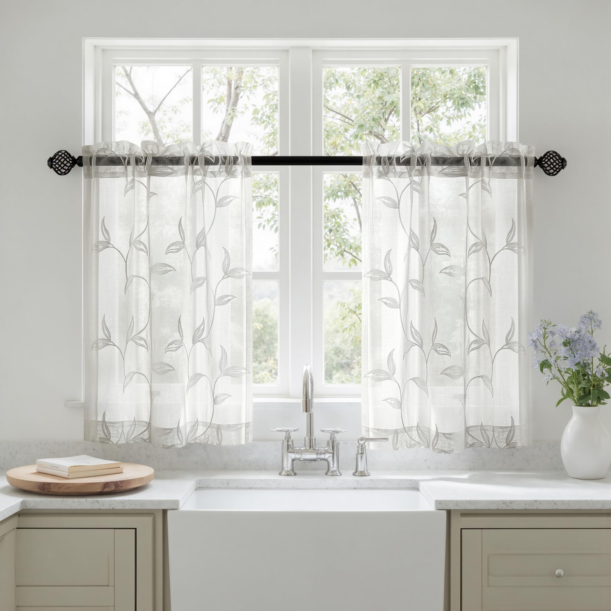 VISIONTEX 2 Panels Sheer Curtains 84 Inches Long, Cream Beige Floral Leaf Embroidered Semi Sheer Voile Curtains, Rod Pocket Light Filtering Window Drapes for Bedroom Living Room 54W x 84L