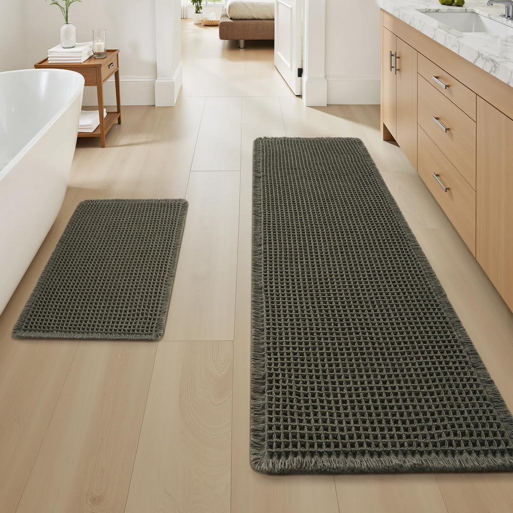 AMOAMI Upgraded Waffle Bath Mat, Super Absorbent Non Slip Bath Mats for Bathroom Floor, Machine Washable Bathroom Rugs with Tassels, Rubber Backed Bathroom Mats, Ultra Soft, 17" x 24", Brown