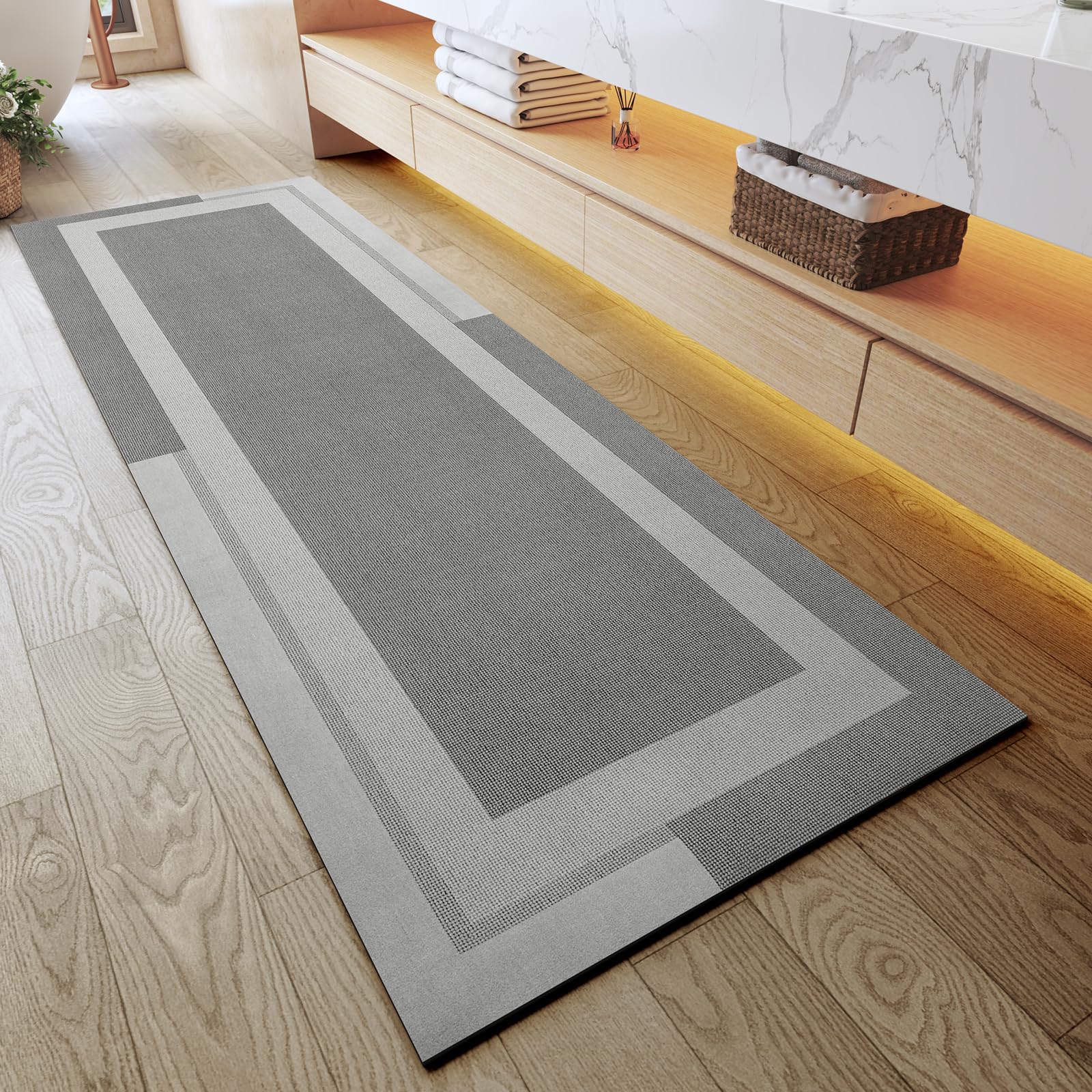 YDKGL Non Slip Bath Mat, Rubber Backing Ultra Thin Bathroom Rugs Fit Under Door Quick Dry Super Absorbent Washable Bath Rug Shower Mat for Bathroom Floor Bathtub Shower Sink, Easy Care Gray 16"x 24"