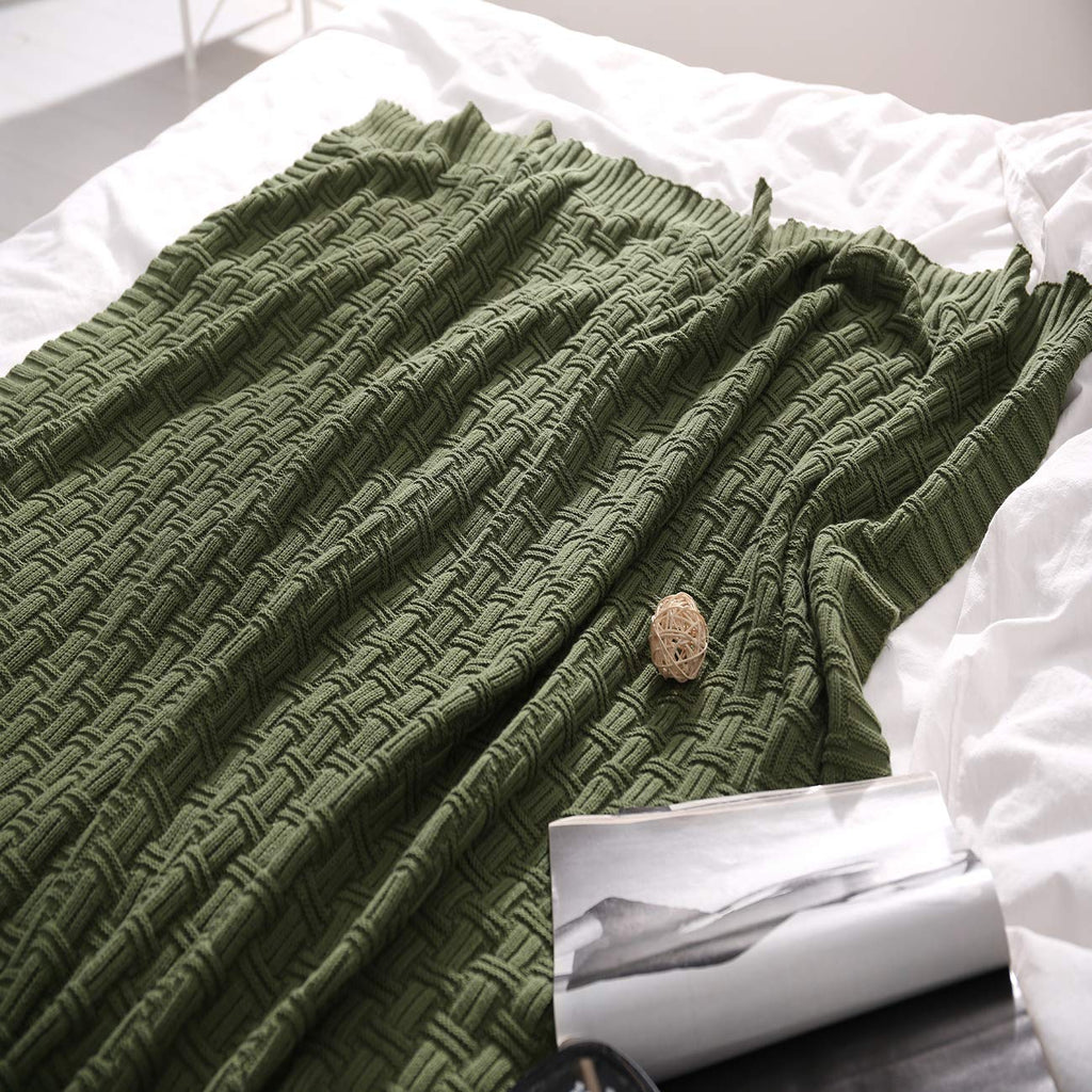 TREELY 100% Cotton Knitted Throw Blanket Couch Cover Blanket(60 x 80 Inches, Light Sage Green)