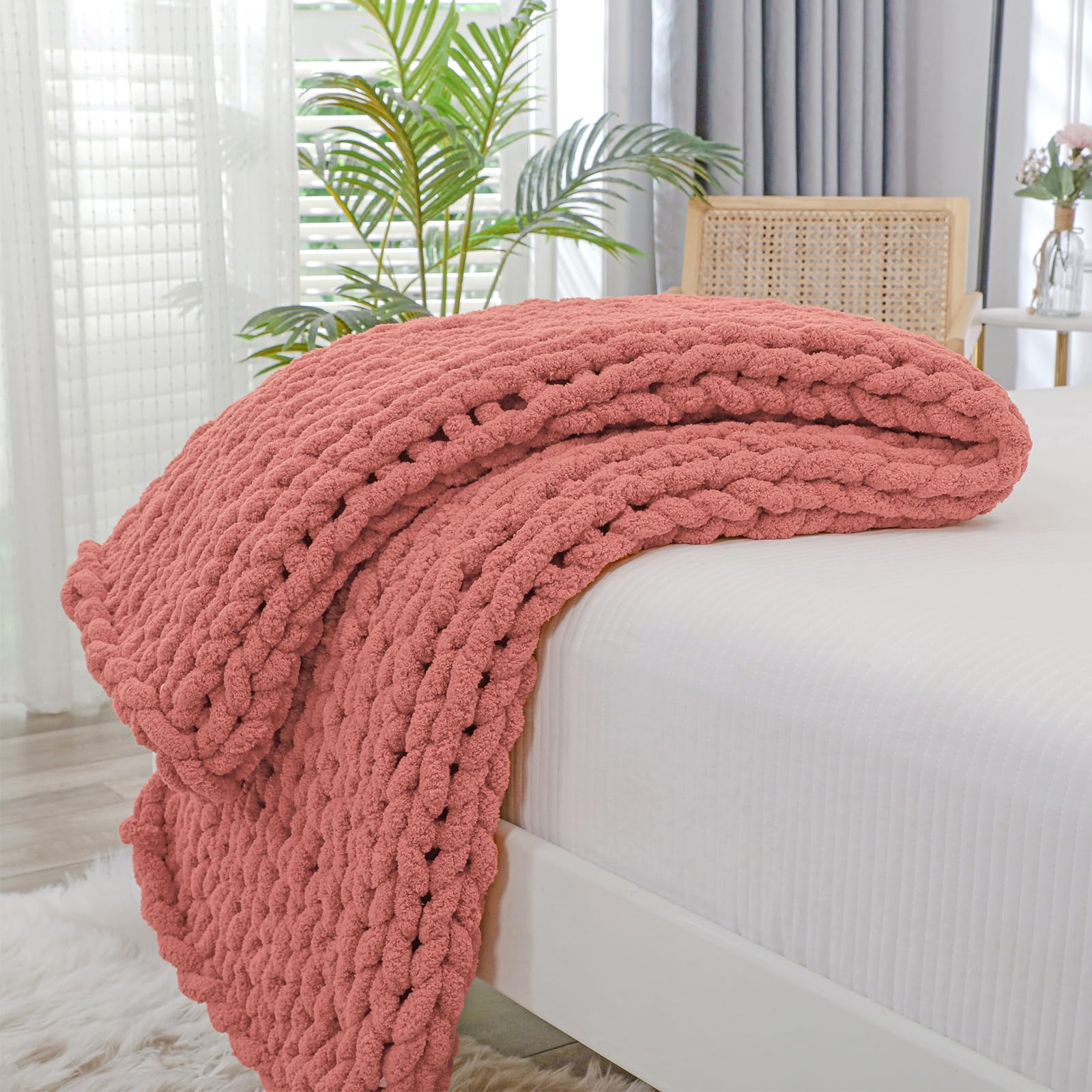 Bigacogo Chunky Knit Throw Blanket for Couch, 40x40 inches, 100% Hand Knitted with Thick Jumbo Chenille Yarn, Cozy Soft Large Rope Knot Cable Crochet Blankets for Sofa Bed Living Room, Dusty Blue