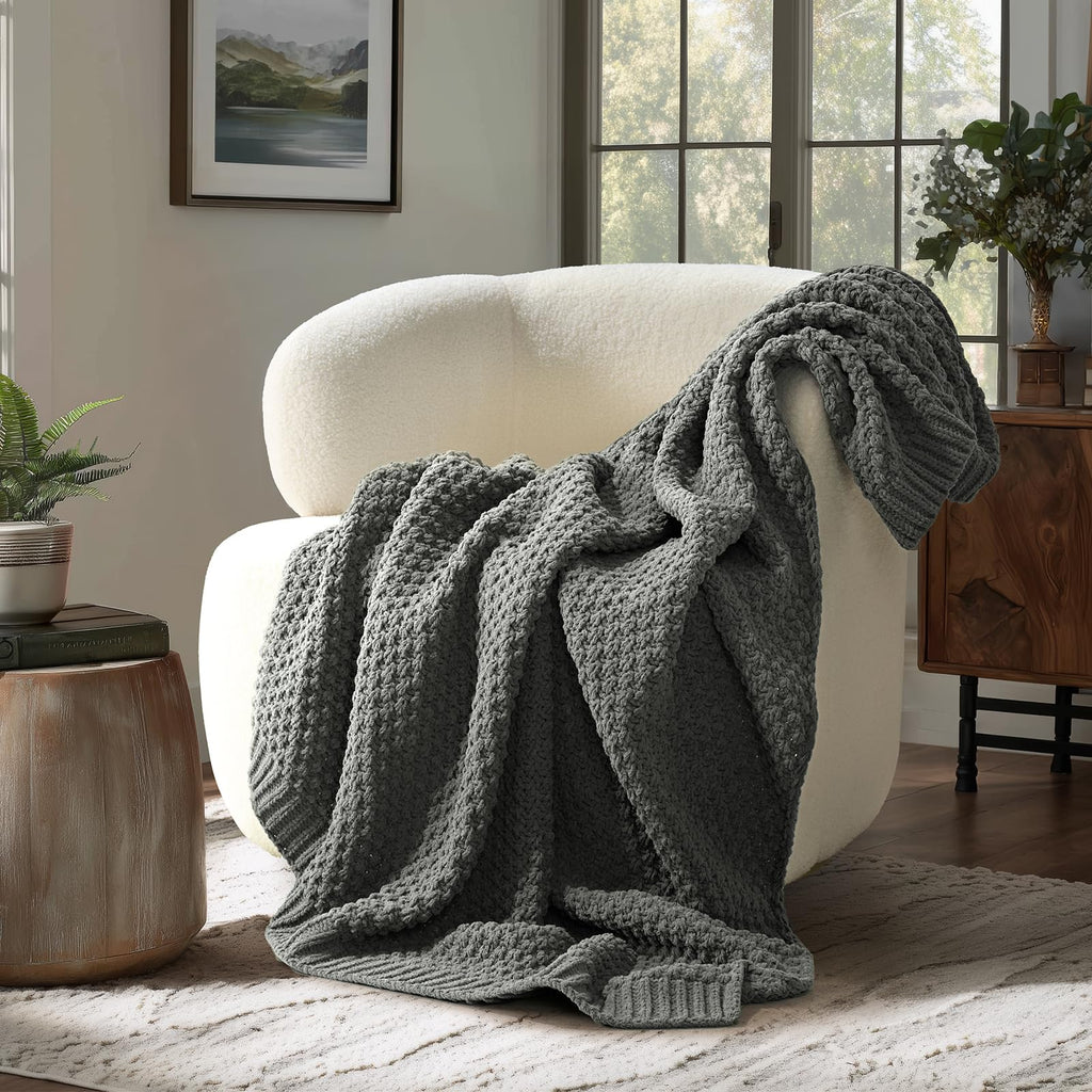 EVERGRACEHOME Chunky Chenille Knit Throw Blanket for Couch, Soft Luxurious Moss Stitch Blankets for Bed, Cozy Decorative Farmhouse Knitted Throws for Sofa, Sand Dune, 60" x 80"
