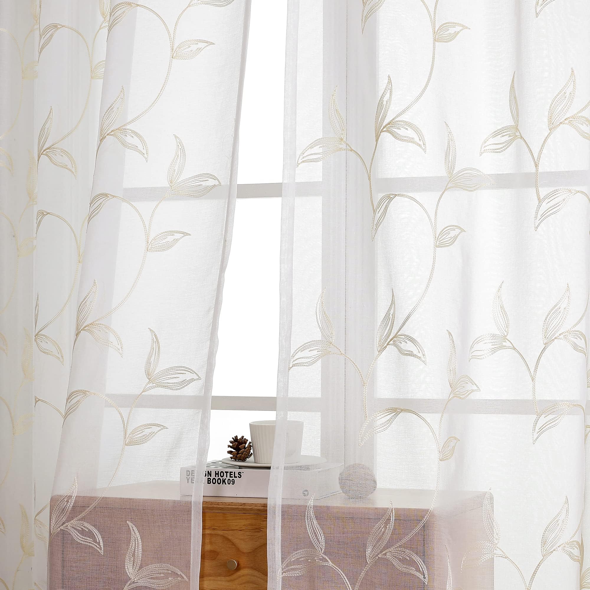 VISIONTEX 2 Panels Sheer Curtains 84 Inches Long, Cream Beige Floral Leaf Embroidered Semi Sheer Voile Curtains, Rod Pocket Light Filtering Window Drapes for Bedroom Living Room 54W x 84L
