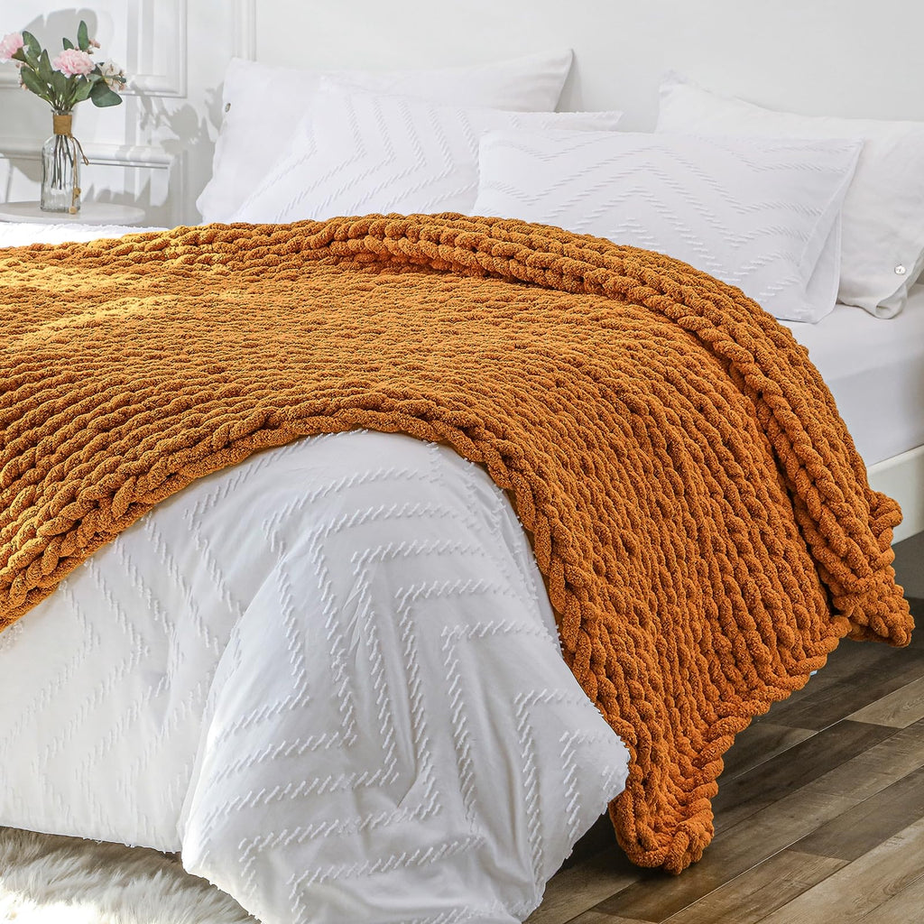 Bigacogo Chunky Knit Throw Blanket for Couch, 40x40 inches, 100% Hand Knitted with Thick Jumbo Chenille Yarn, Cozy Soft Large Rope Knot Cable Crochet Blankets for Sofa Bed Living Room, Dusty Blue