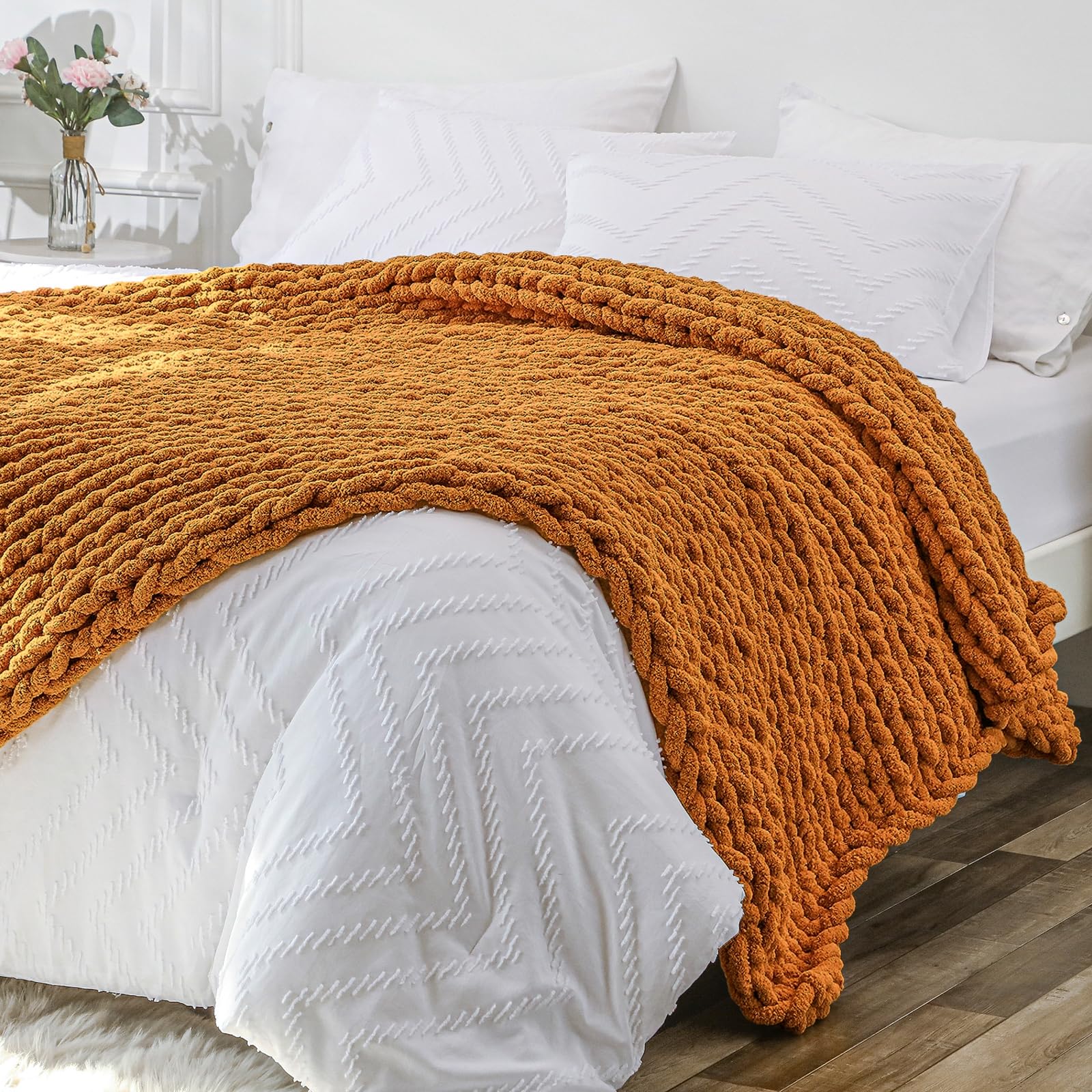 Bigacogo Chunky Knit Throw Blanket for Couch, 40x40 inches, 100% Hand Knitted with Thick Jumbo Chenille Yarn, Cozy Soft Large Rope Knot Cable Crochet Blankets for Sofa Bed Living Room, Dusty Blue