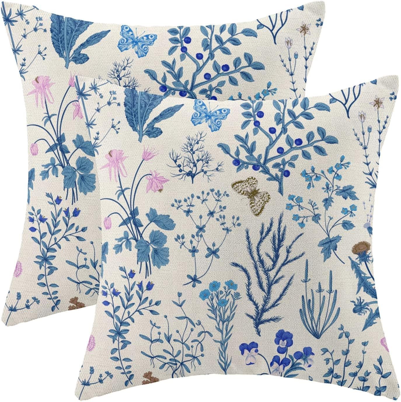 AEIOAE Spring Pillow Covers 18x18 Inch Set of 2,Sage Green Wild Flower Plant Throw Pillows Case,Seasonal Floral Outdoor Decorative Square Linen Farmhouse Decor Cushion Covers for Home Sofa Bed Couch