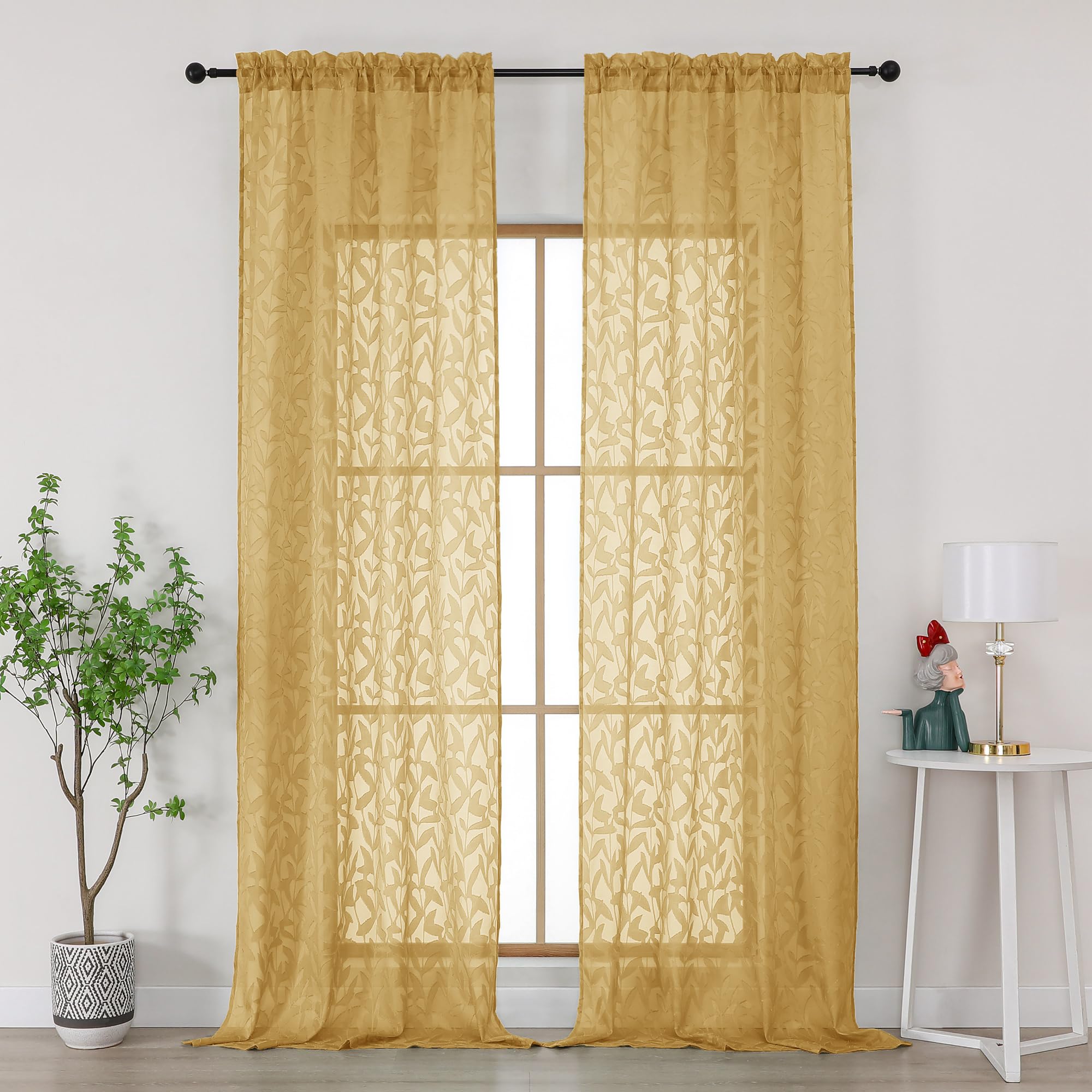 Gwine Sage Green Curtains 84 Inches Long 2 Panels Set, Light Filtering Soft Lightweight Sheer Curtains, Leaf Clip Jacquard Textured Curtain for Bedroom Living Room, 42Wx84L Inches, 2PCS
