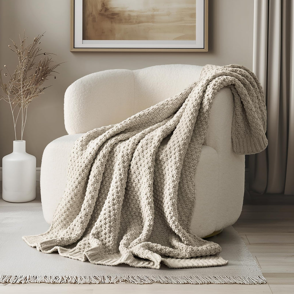 EVERGRACEHOME Chunky Chenille Knit Throw Blanket for Couch, Soft Luxurious Moss Stitch Blankets for Bed, Cozy Decorative Farmhouse Knitted Throws for Sofa, Sand Dune, 60" x 80"