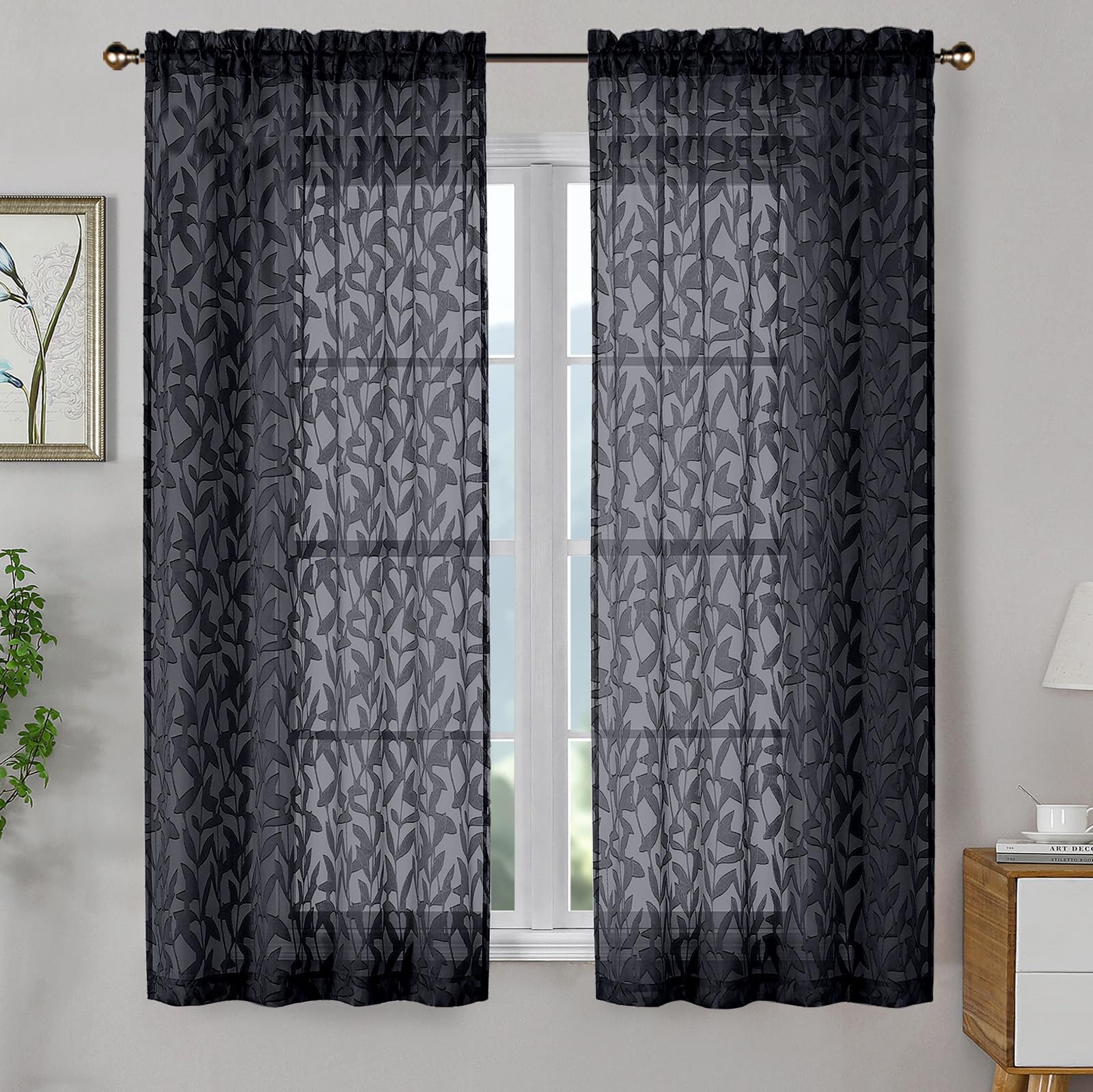 OWENIE Leyna 2 Panels Sage Green Sheer Curtains 63 Inch Length for Bedroom, Soft Lightweight Jacquard Clip Window Curtain for Living Room, Double Rod Pockets Textured Drapes, Each 40Wx63L Inches