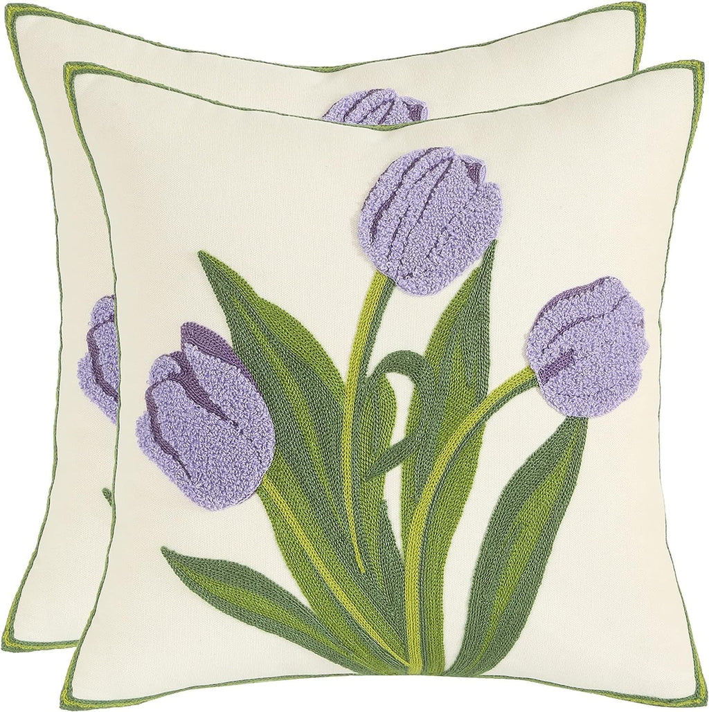 Pack of 2 18x18 Inch Embroidered Pink Tulip Green Leaves Tufted Throw Pillow Covers Square Floral Farmhouse Decor Cushion Cases