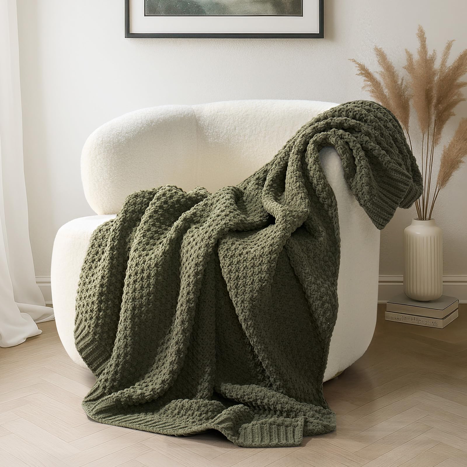 EVERGRACEHOME Chunky Chenille Knit Throw Blanket for Couch, Soft Luxurious Moss Stitch Blankets for Bed, Cozy Decorative Farmhouse Knitted Throws for Sofa, Sand Dune, 60" x 80"